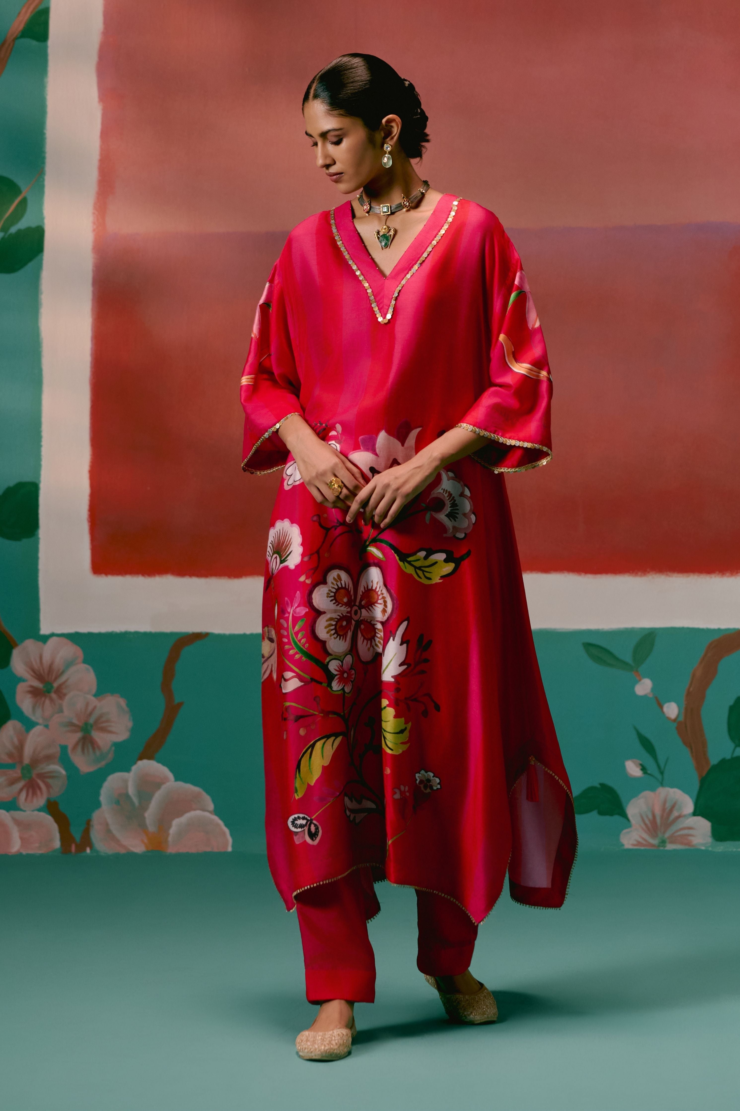 Fuschia Striped Floral Kaftan Set