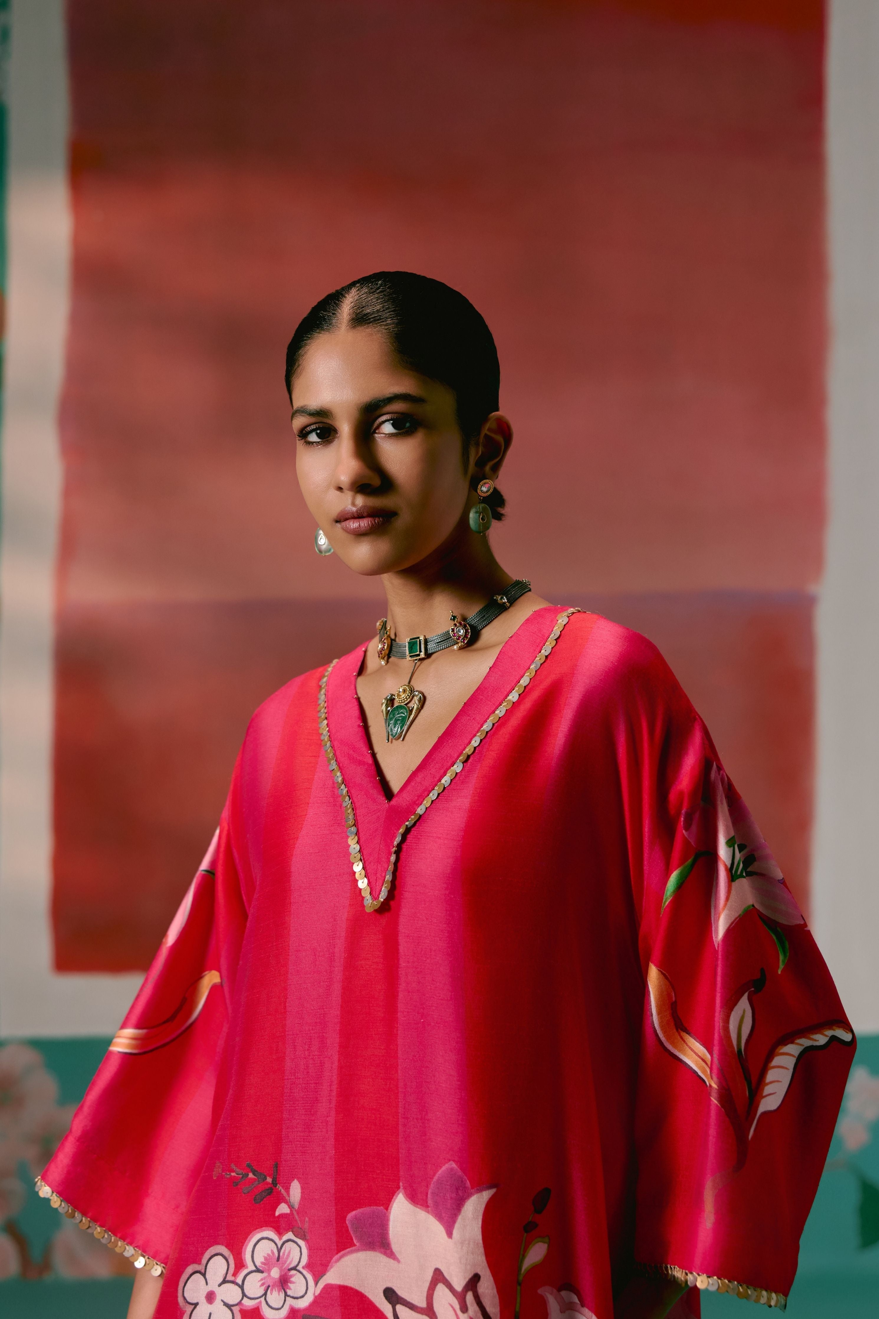 Fuschia Striped Floral Kaftan Set