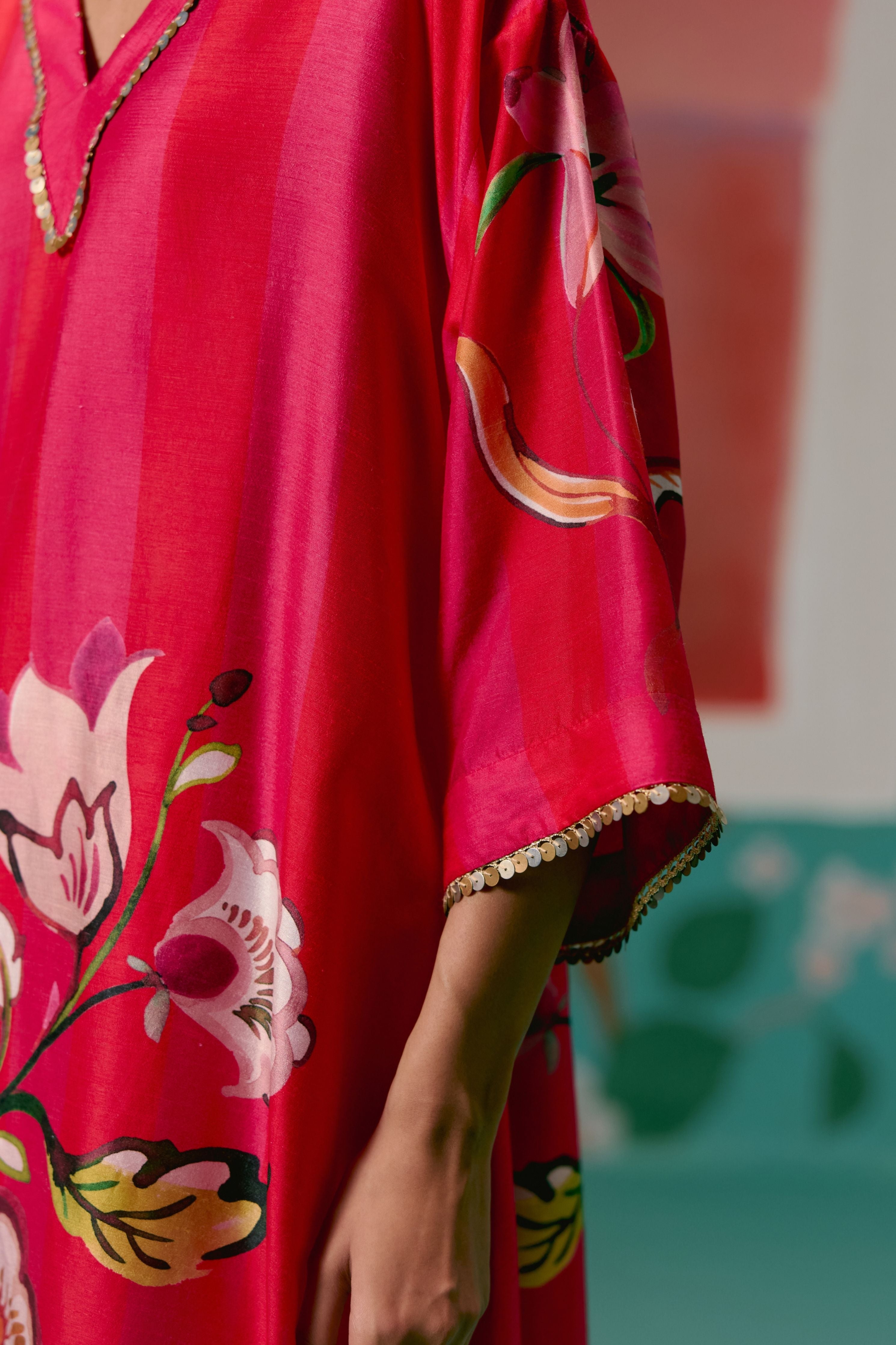 Fuschia Striped Floral Kaftan Set