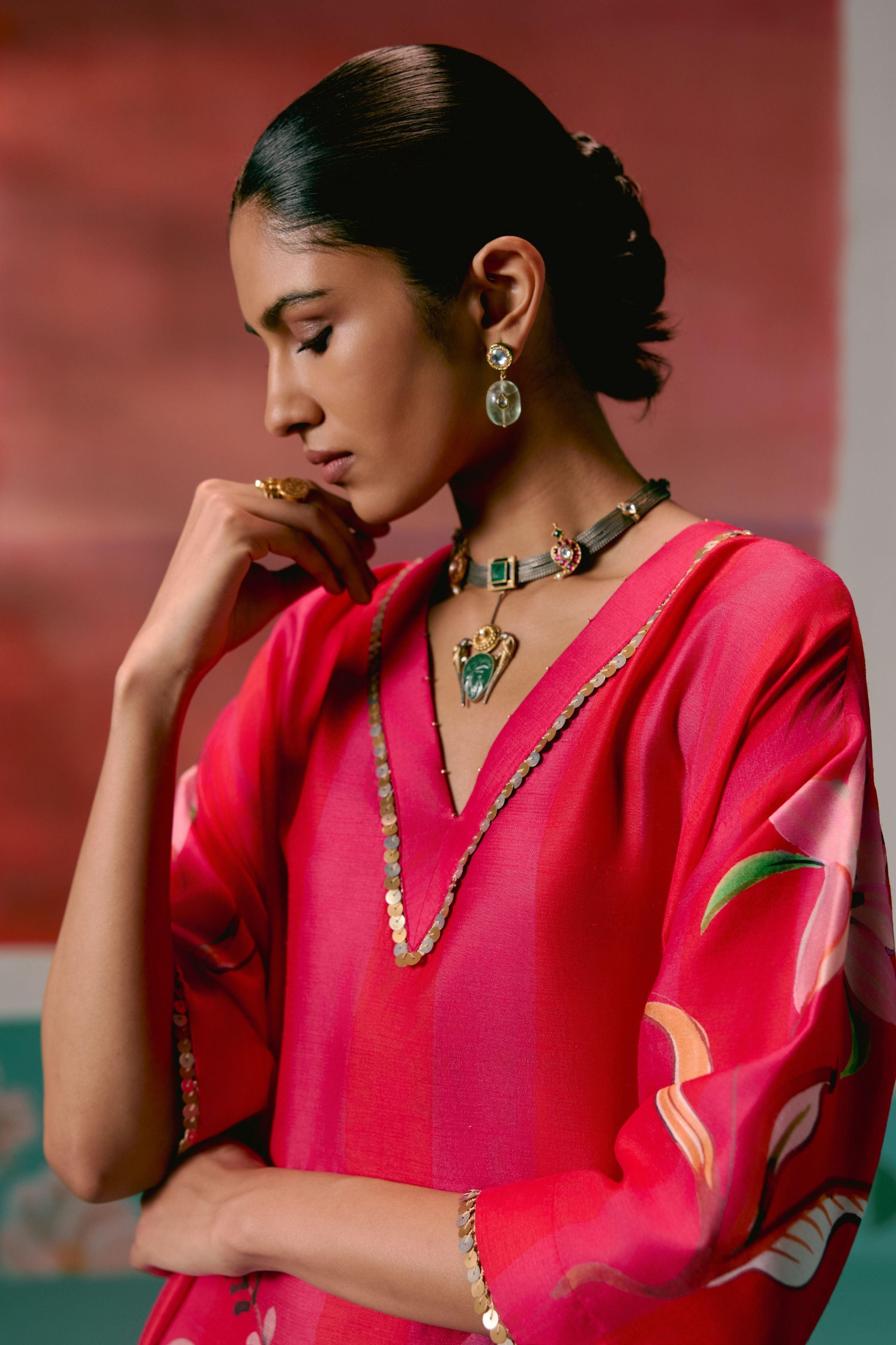 Fuschia Striped Floral Kaftan Set