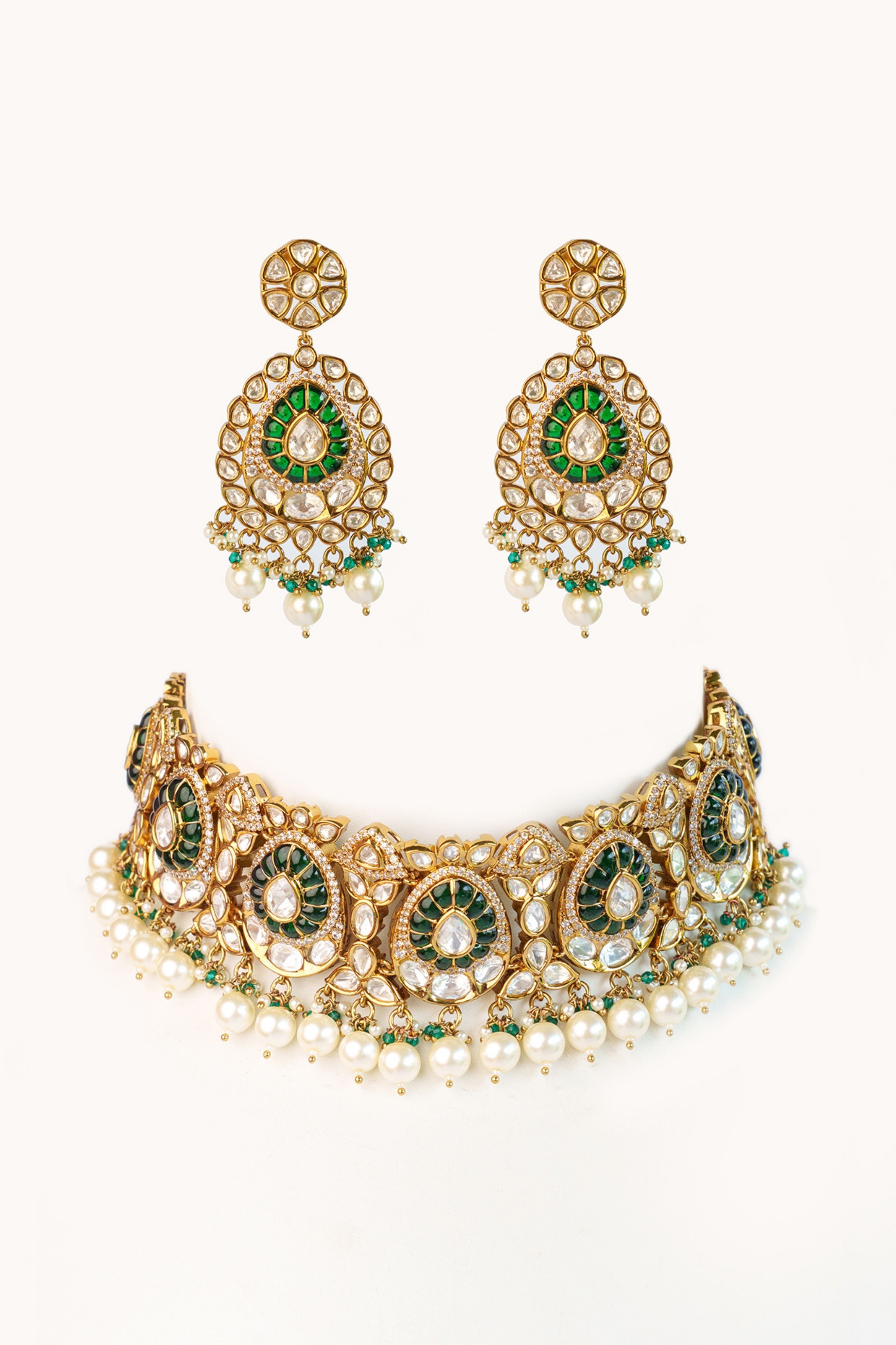 Green Bold Two Tone Finish Polki Choker Set