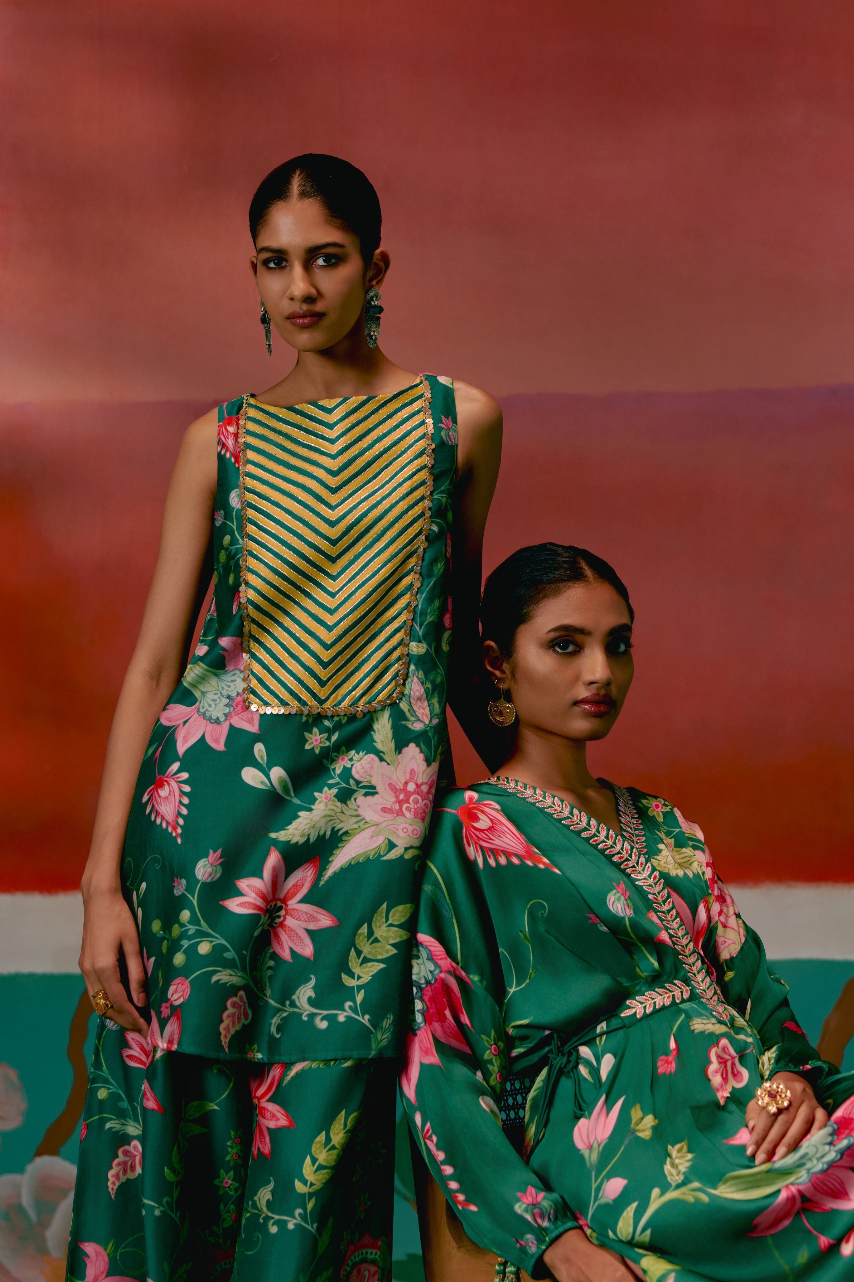 Green Chintz Sleeveless Kurta Set With Dupatta