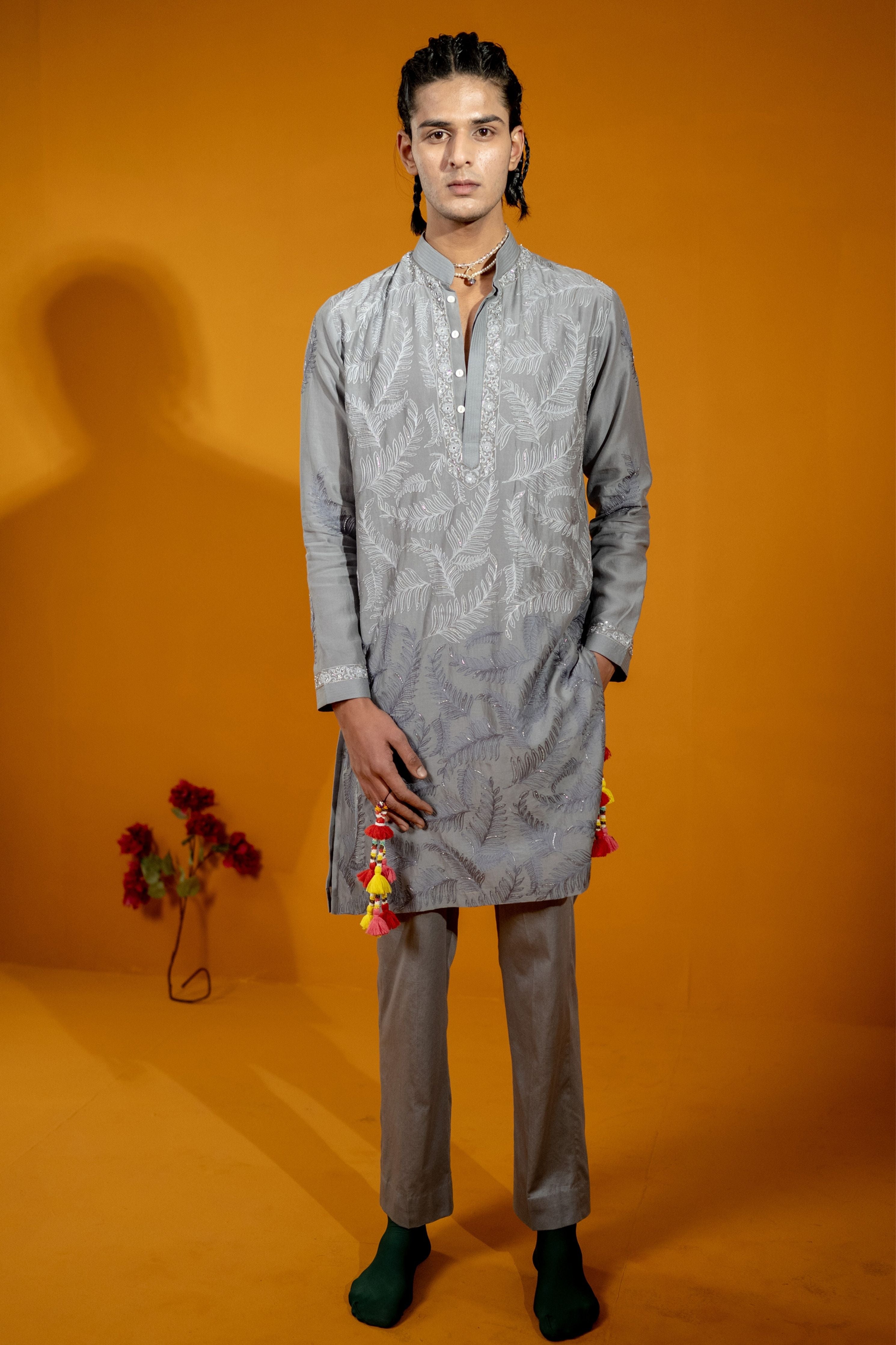 Grey Autumn Leaves Kurta Set