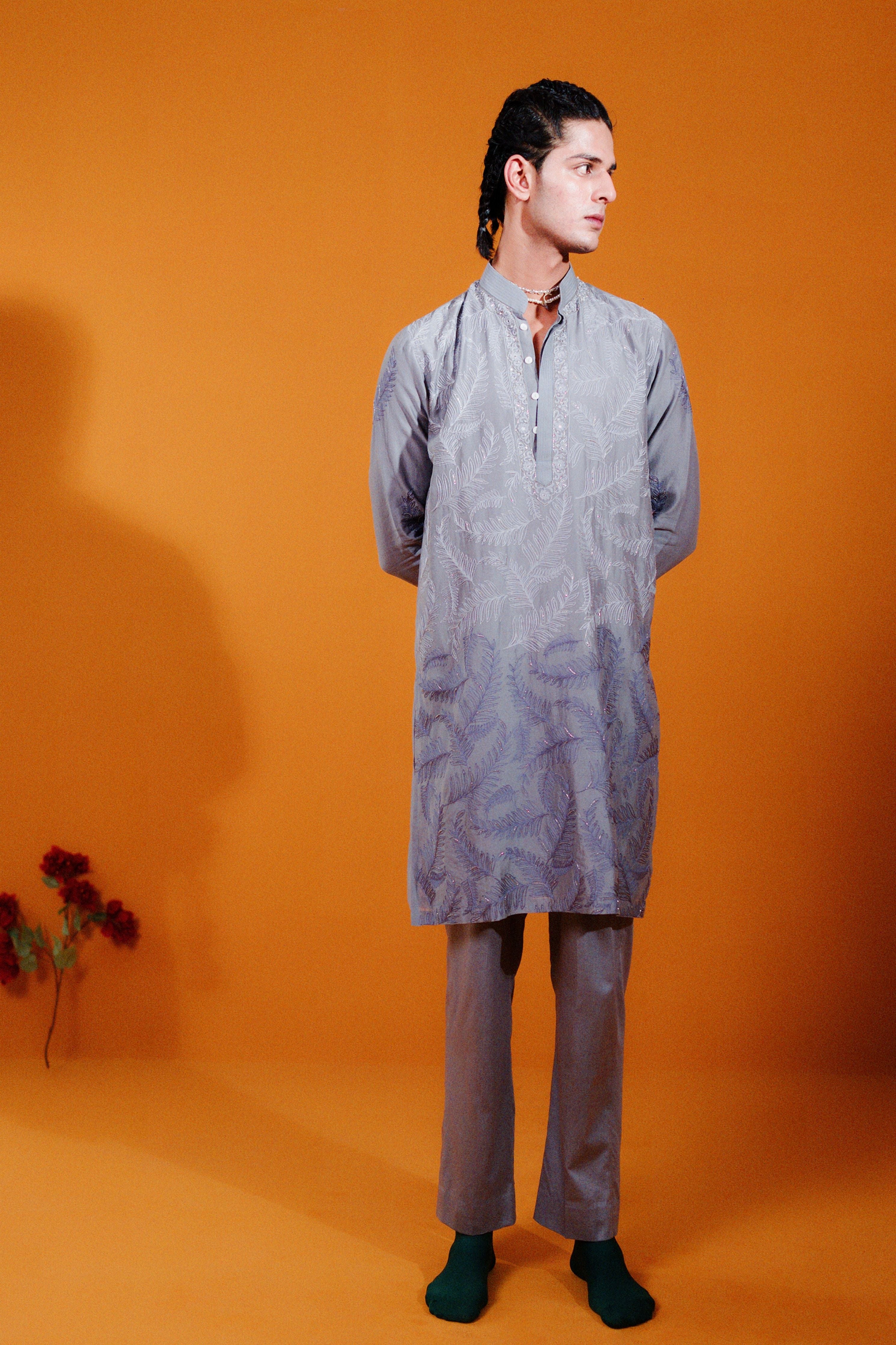 Grey Autumn Leaves Kurta Set
