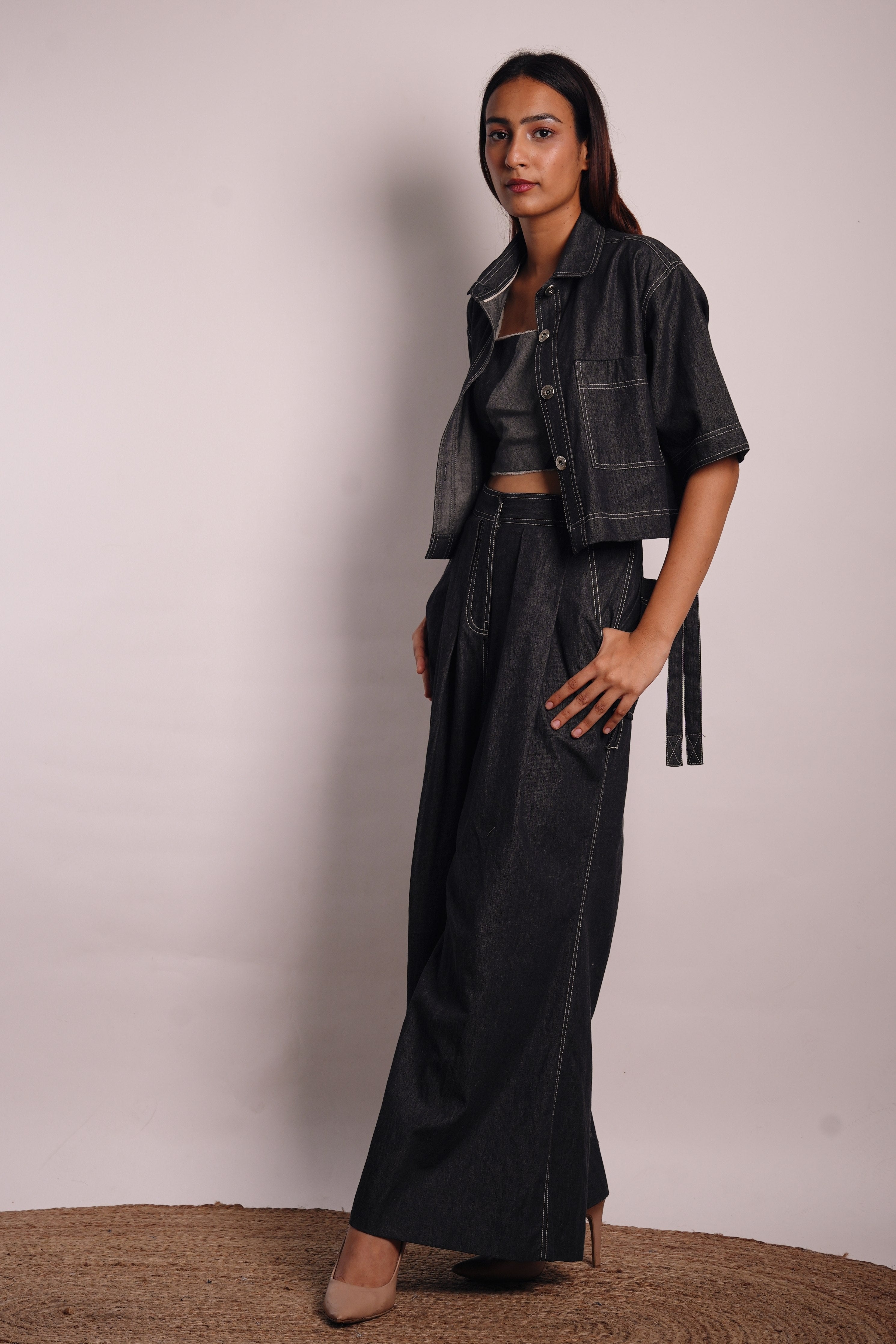 Grey Denim Ruched Co-Ord Set