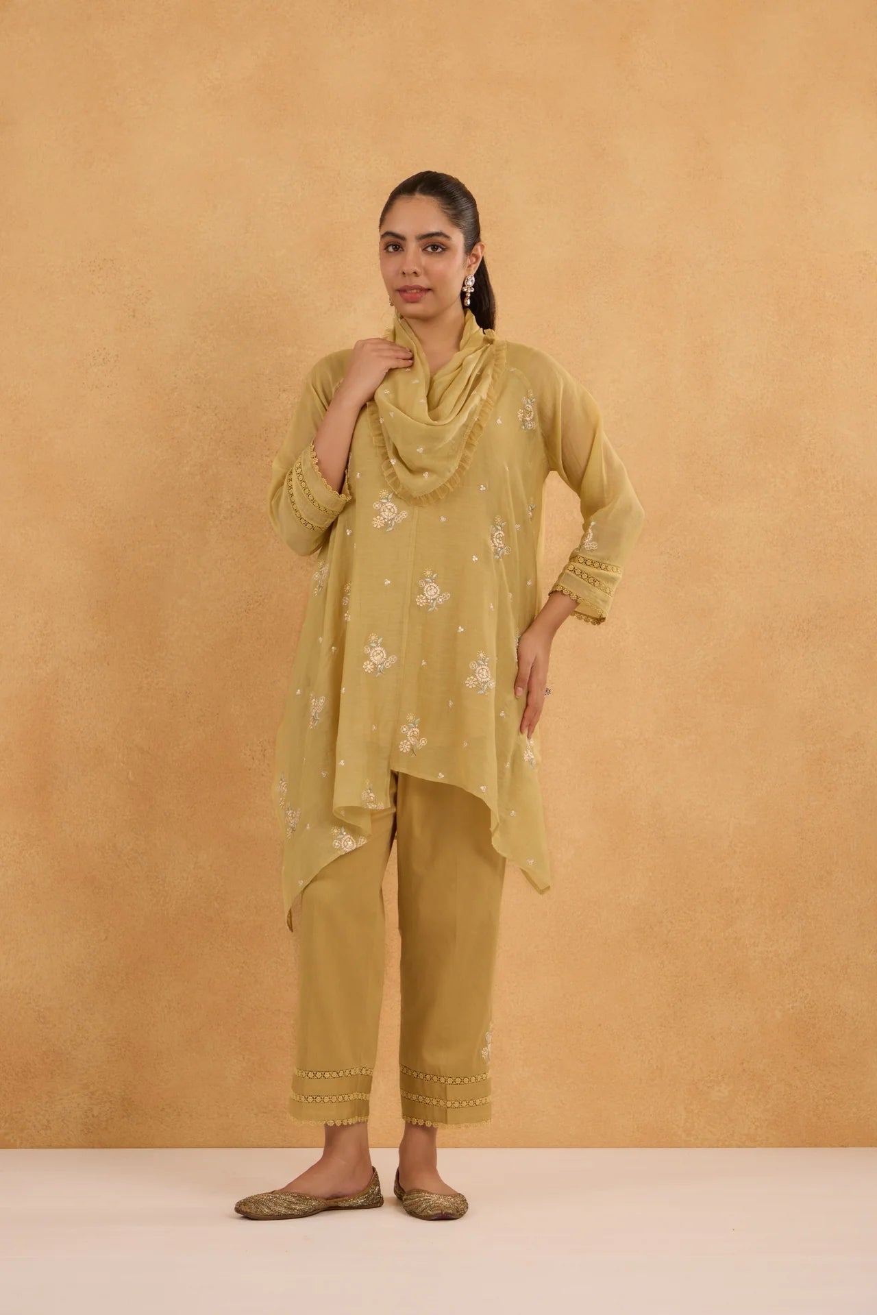 Asymmetric Cowl Tunic Set in Sand-Yellow