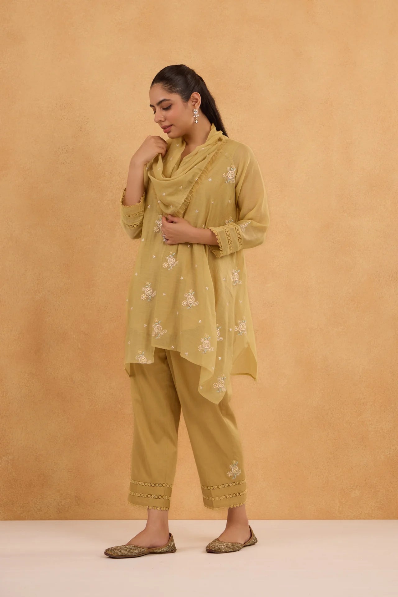 Asymmetric Cowl Tunic Set in Sand-Yellow