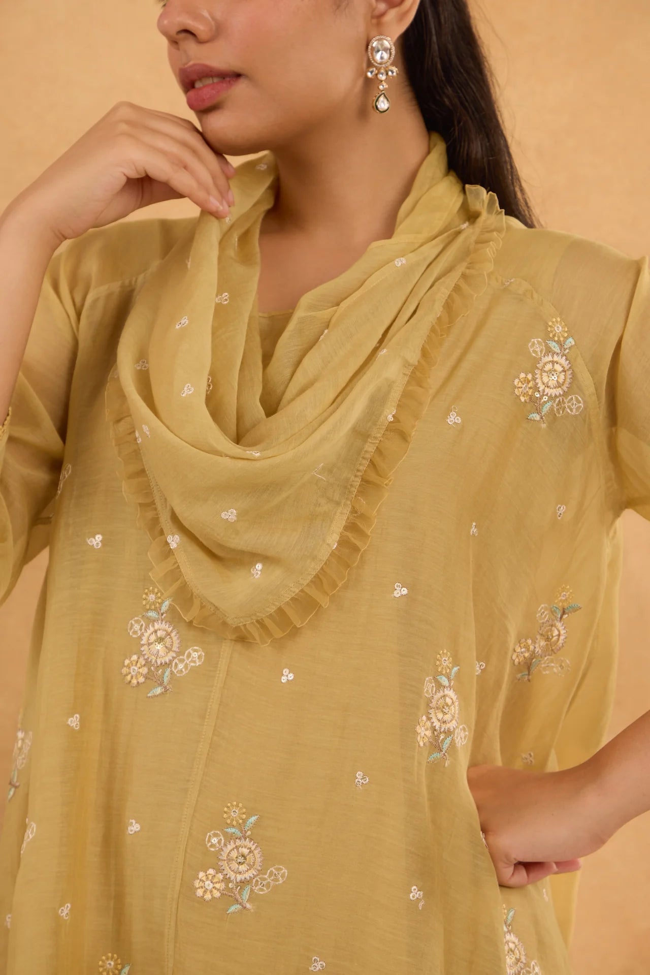 Asymmetric Cowl Tunic Set in Sand-Yellow