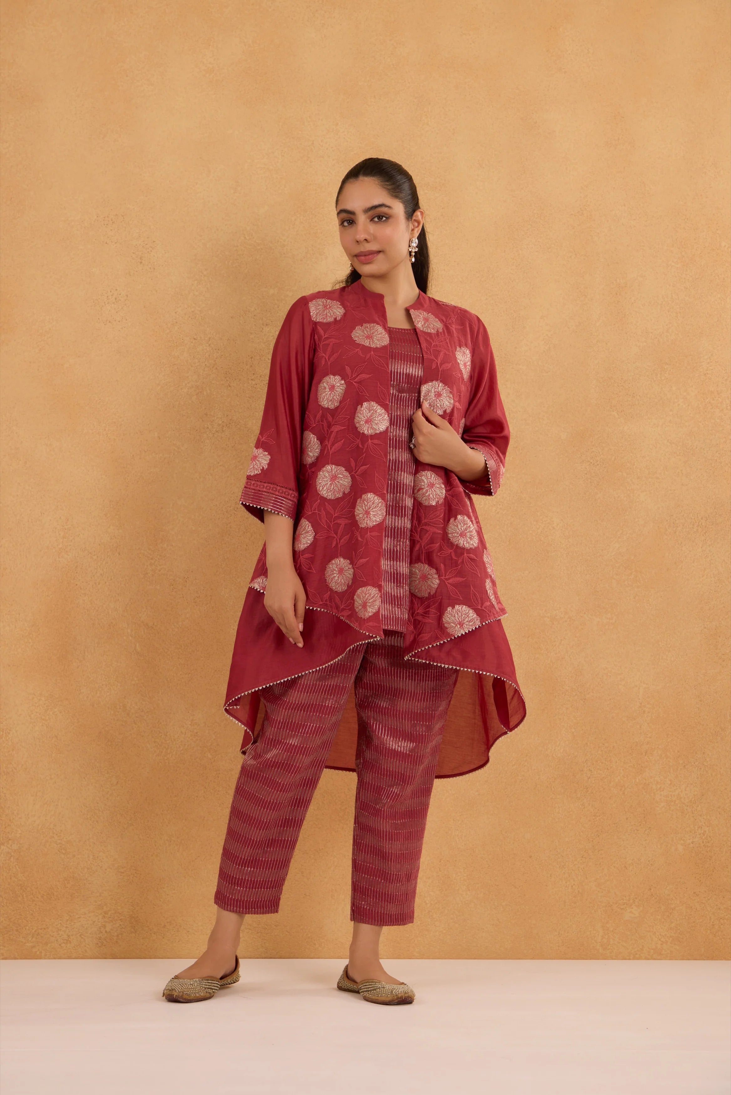 Brick Red High Low Embroidered Jacket Set