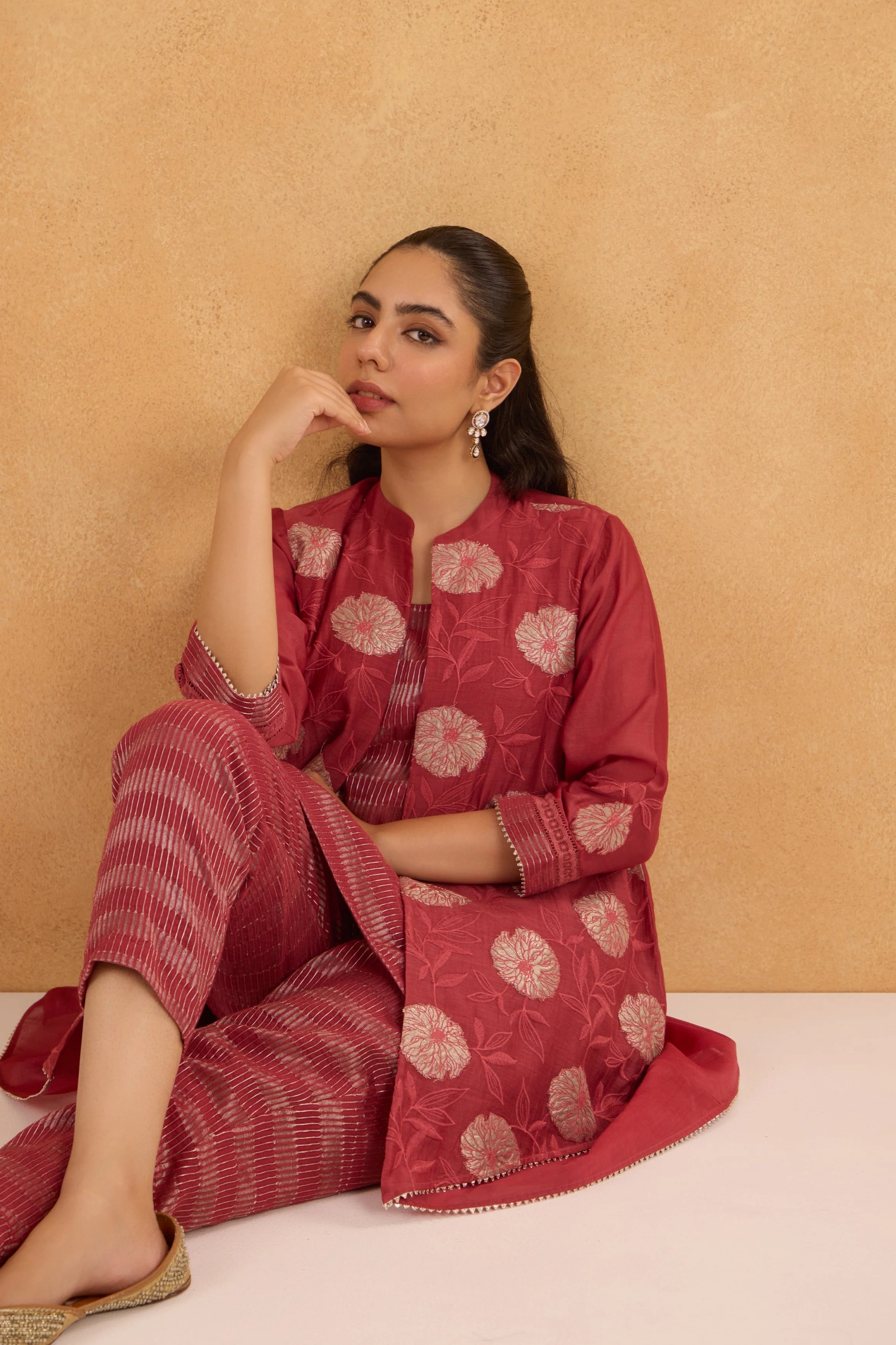 Brick Red High Low Embroidered Jacket Set