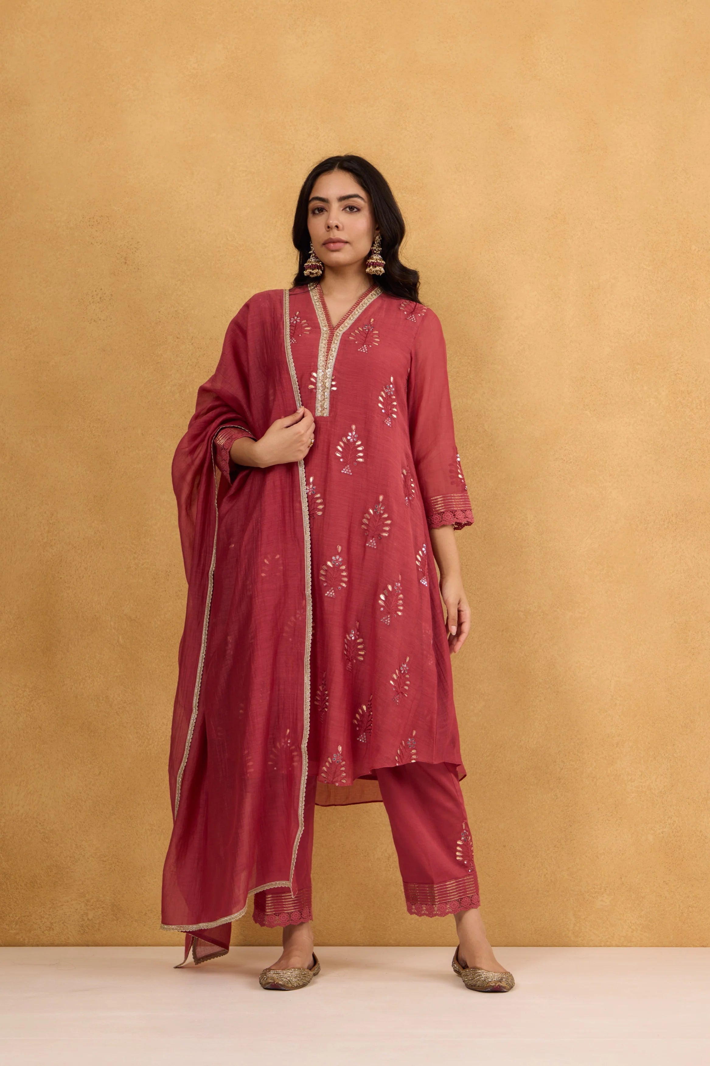 Brick Red Gota Embroidered Chanderi Kurta Set