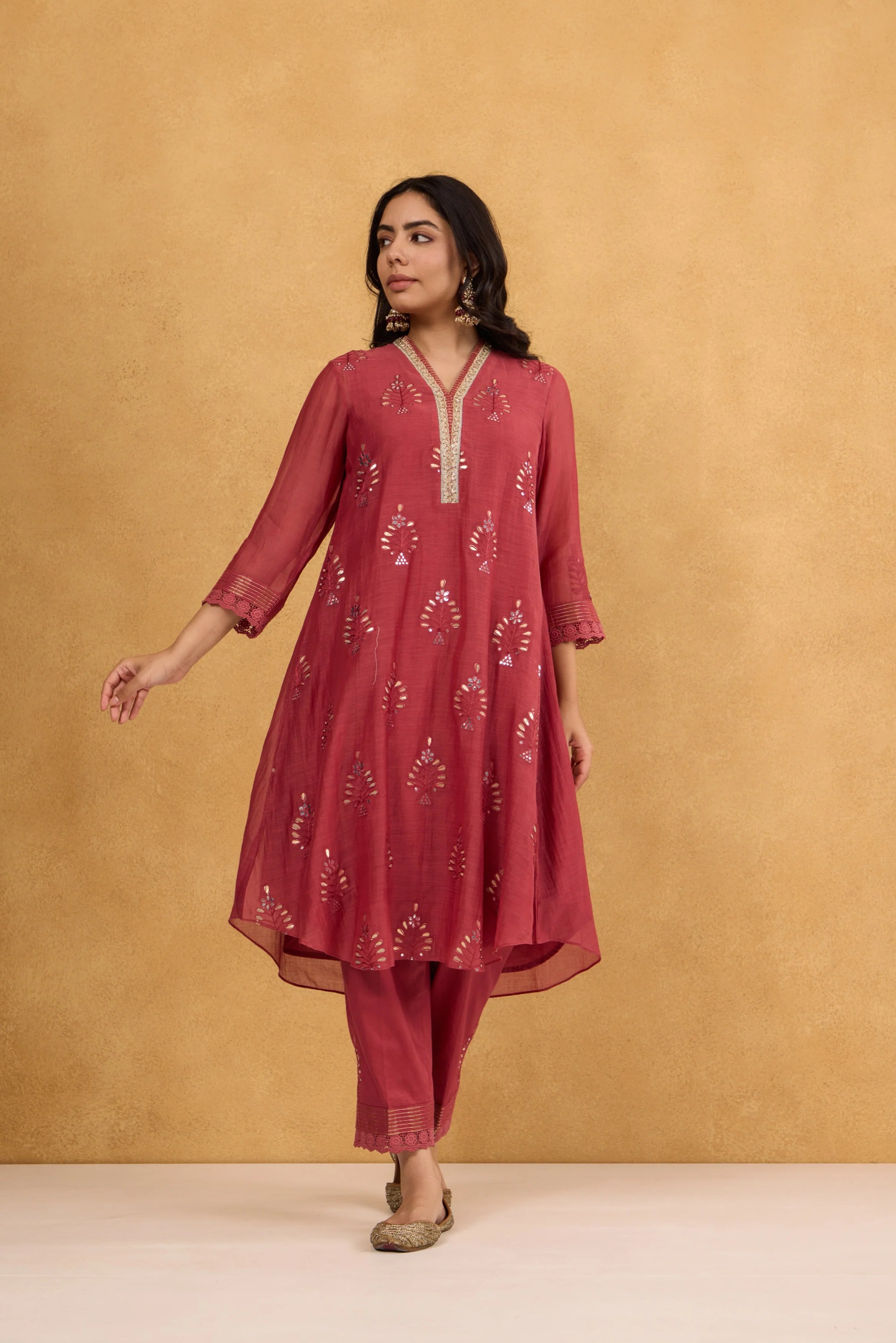 Brick Red Gota Embroidered Chanderi Kurta Set