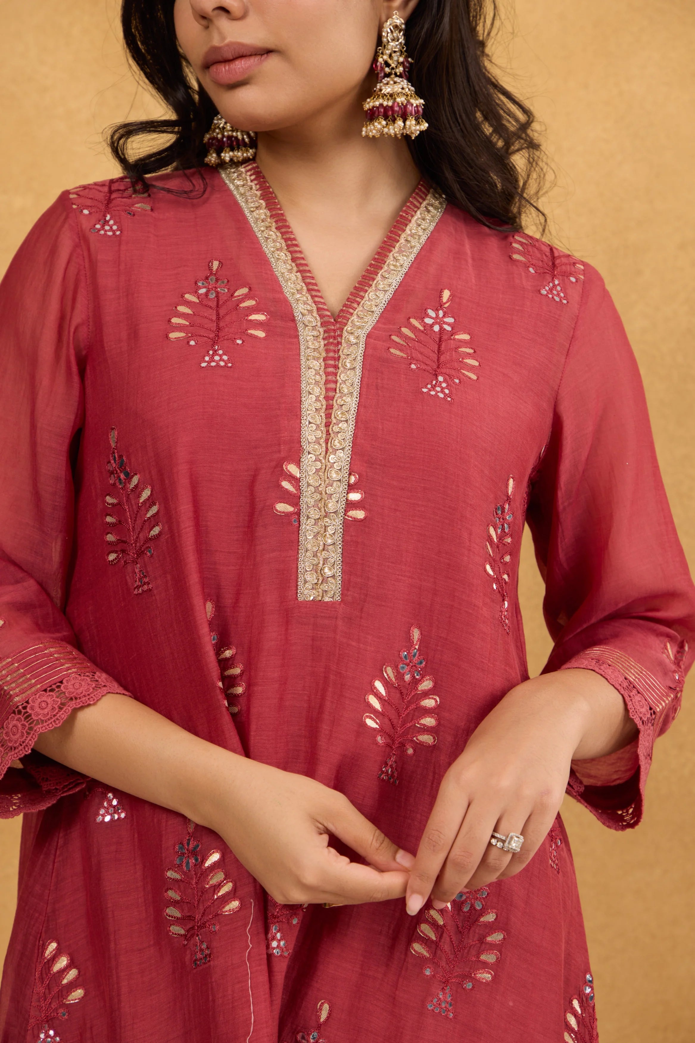 Brick Red Gota Embroidered Chanderi Kurta Set