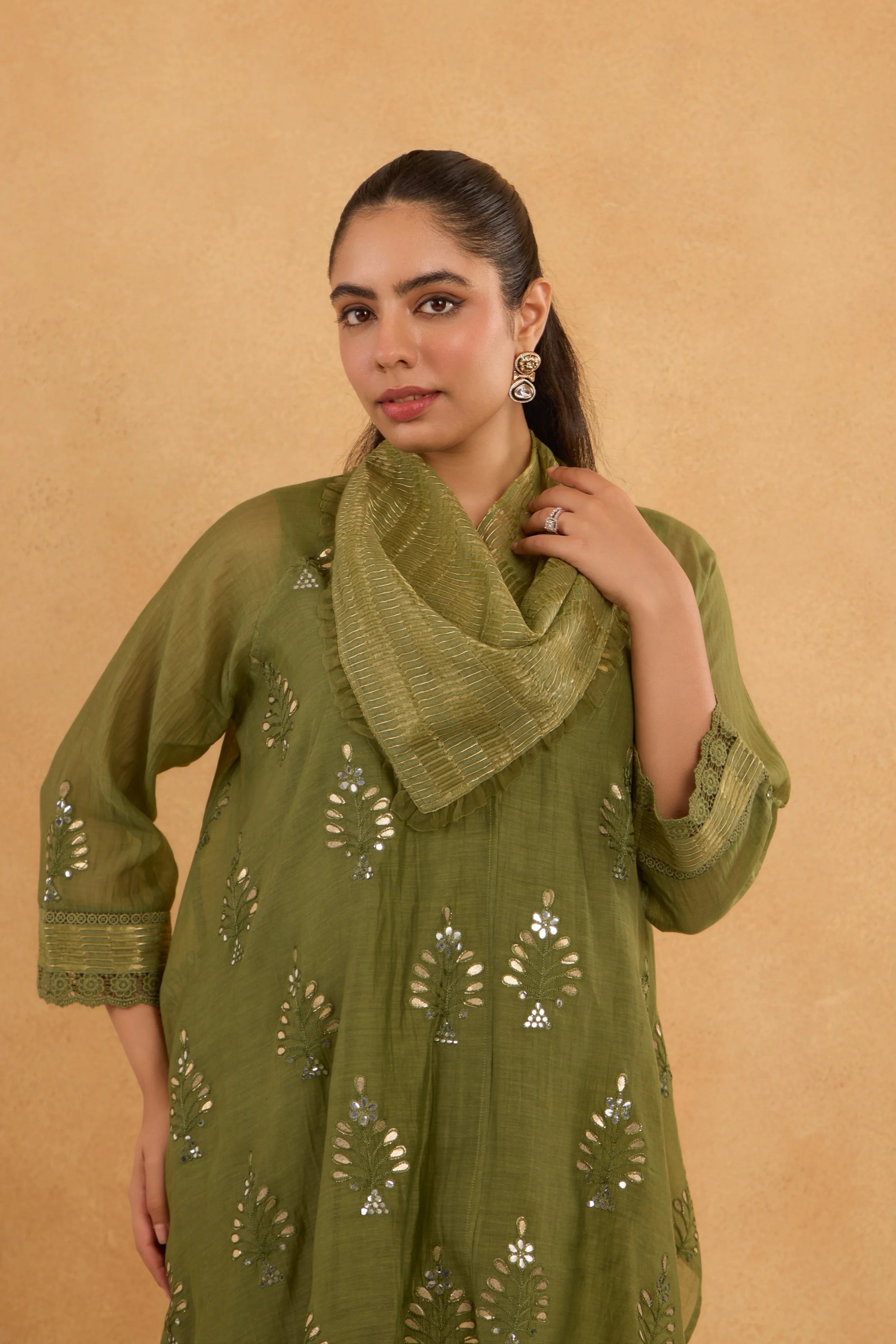 Asymmetric Embroidered Cowl Tunic Set in Forest Green