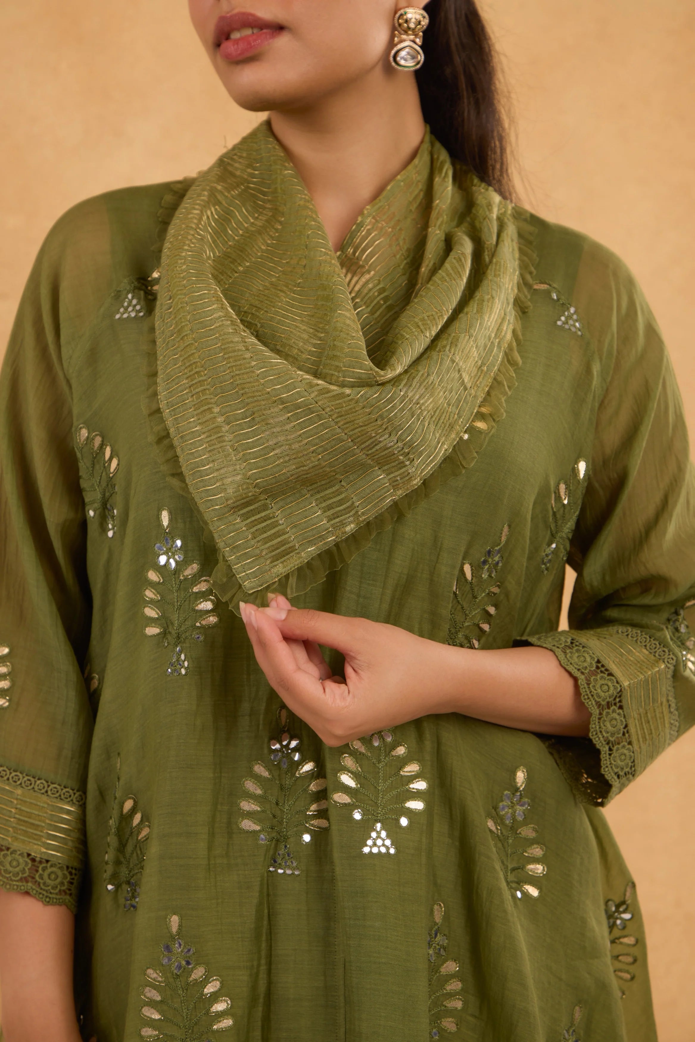 Asymmetric Embroidered Cowl Tunic Set in Forest Green