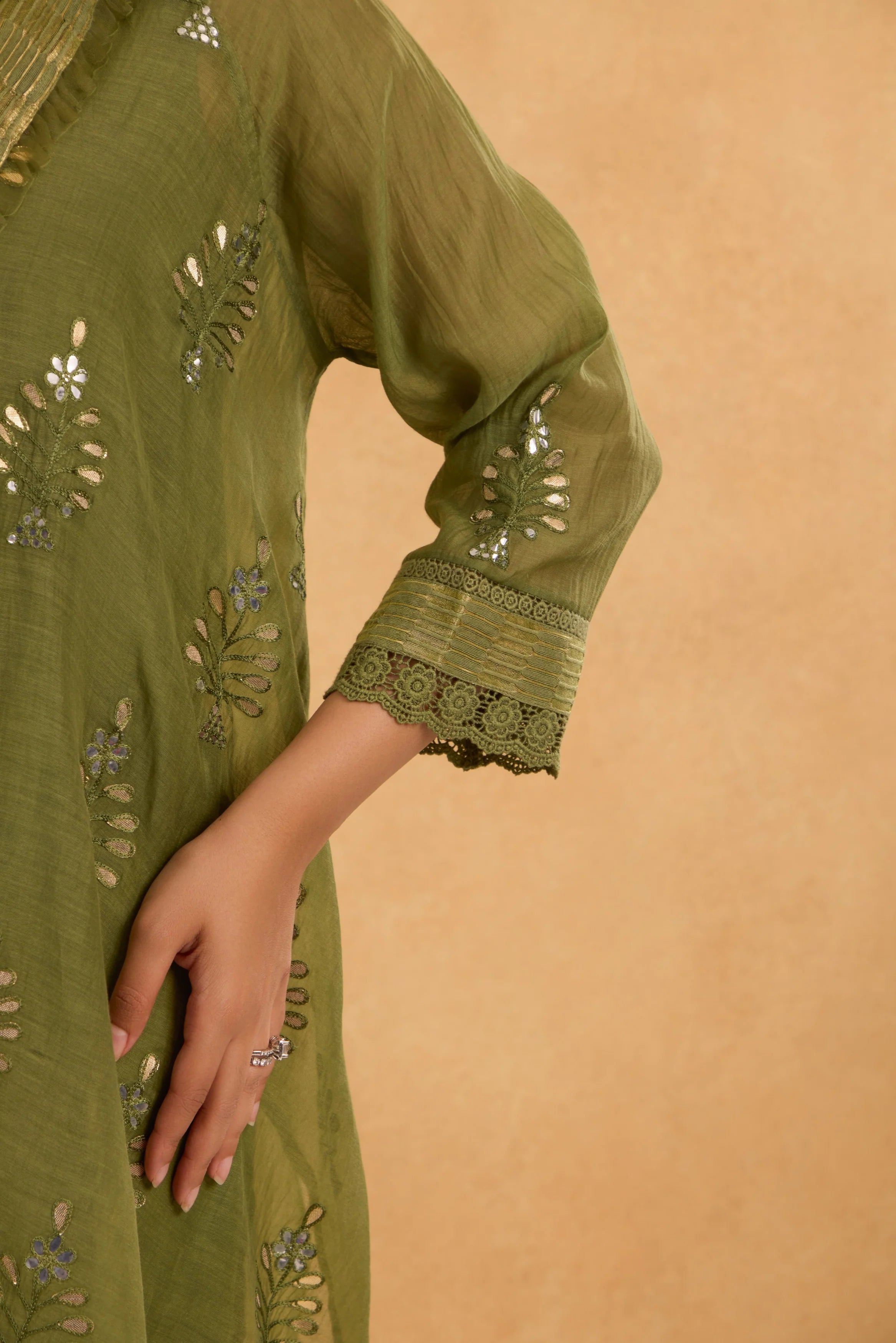 Asymmetric Embroidered Cowl Tunic Set in Forest Green