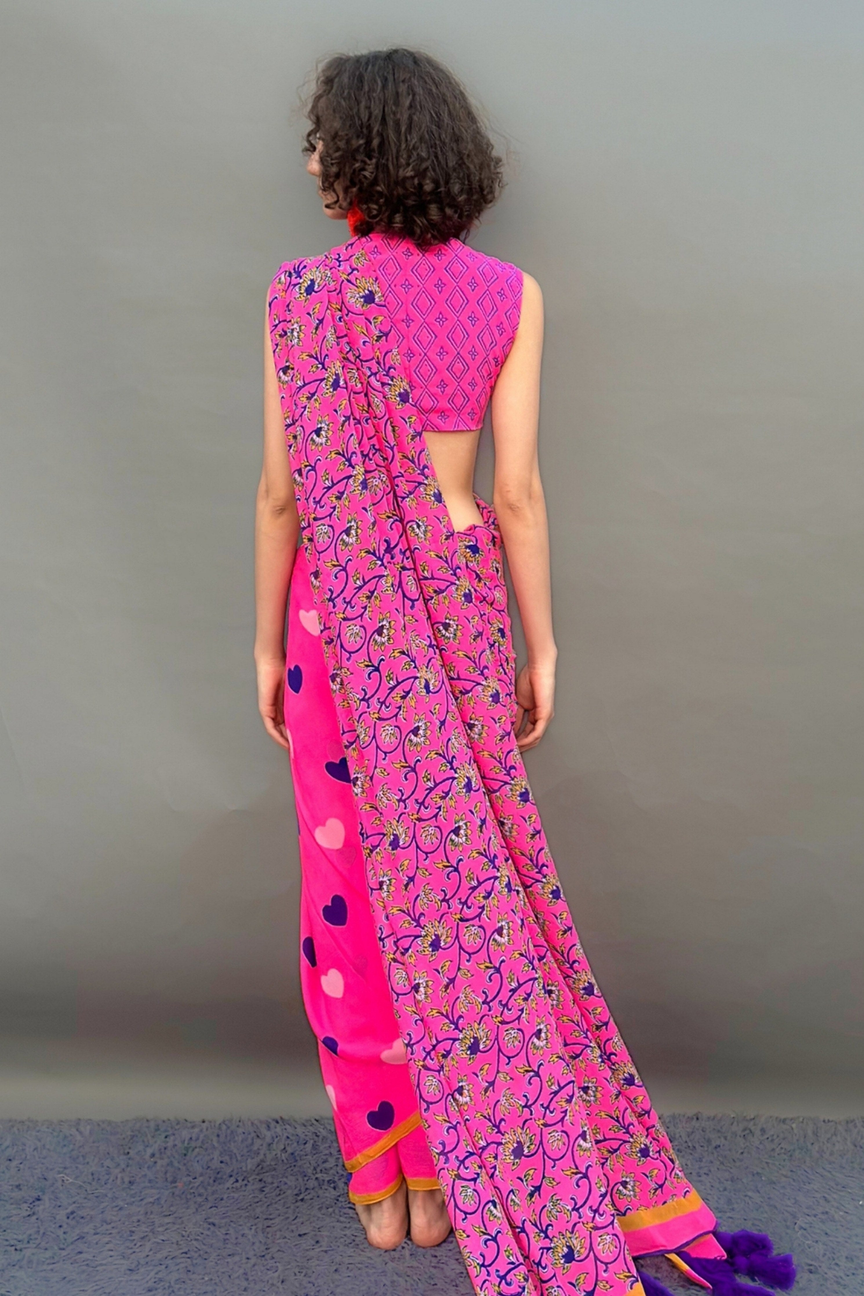 Hearts & Floral Block Printed Saree