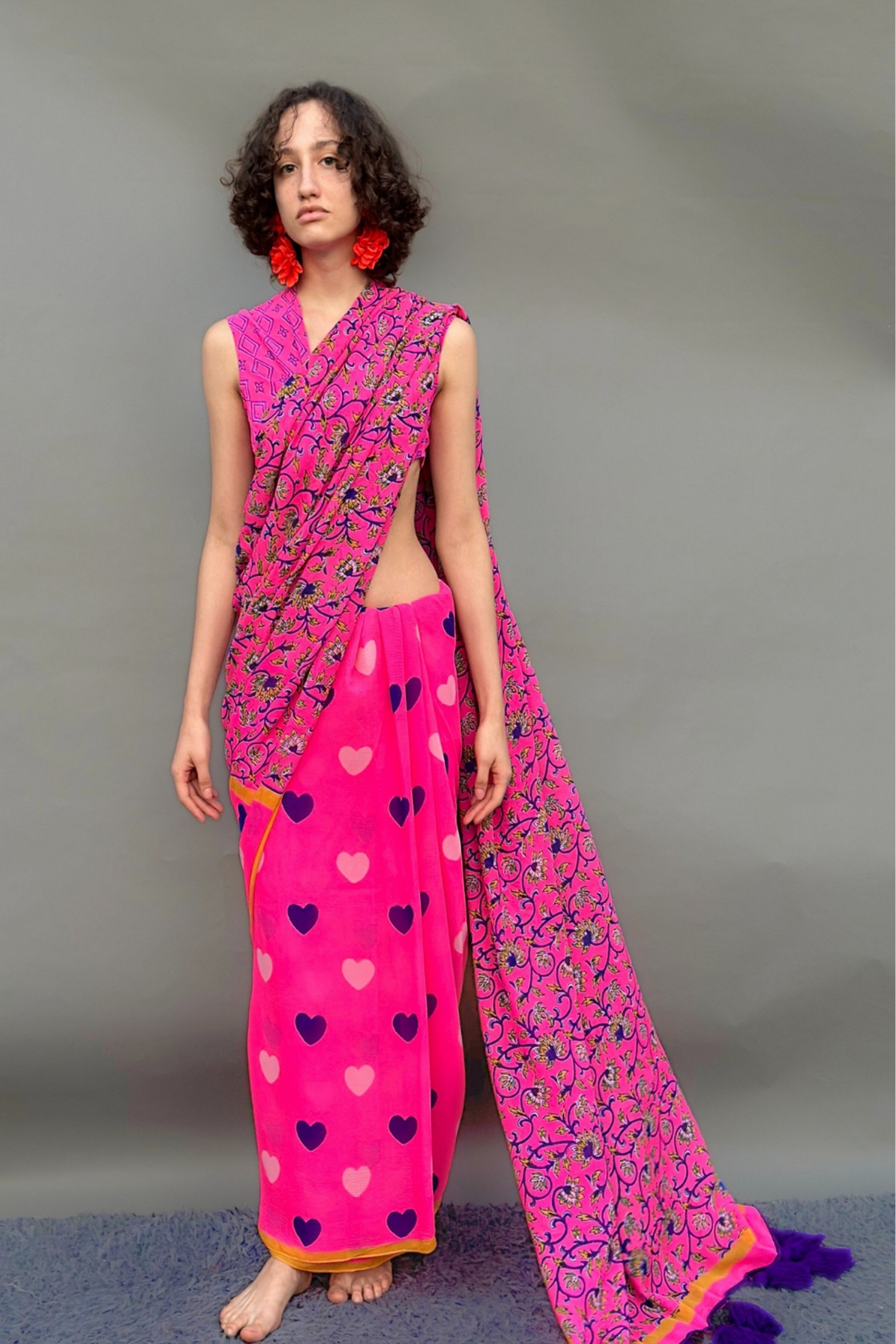 Hearts & Floral Block Printed Saree