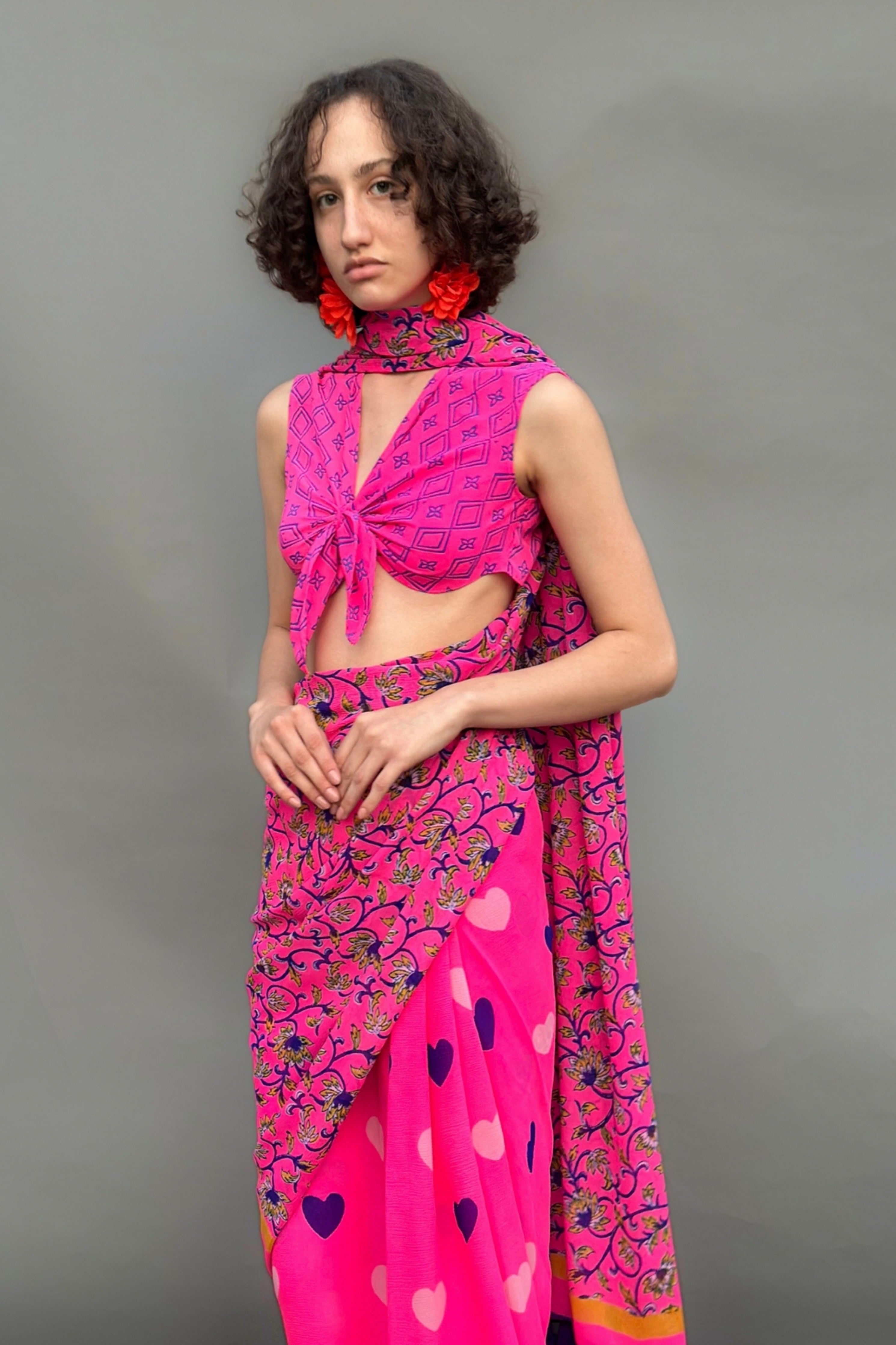 Hearts & Floral Block Printed Saree