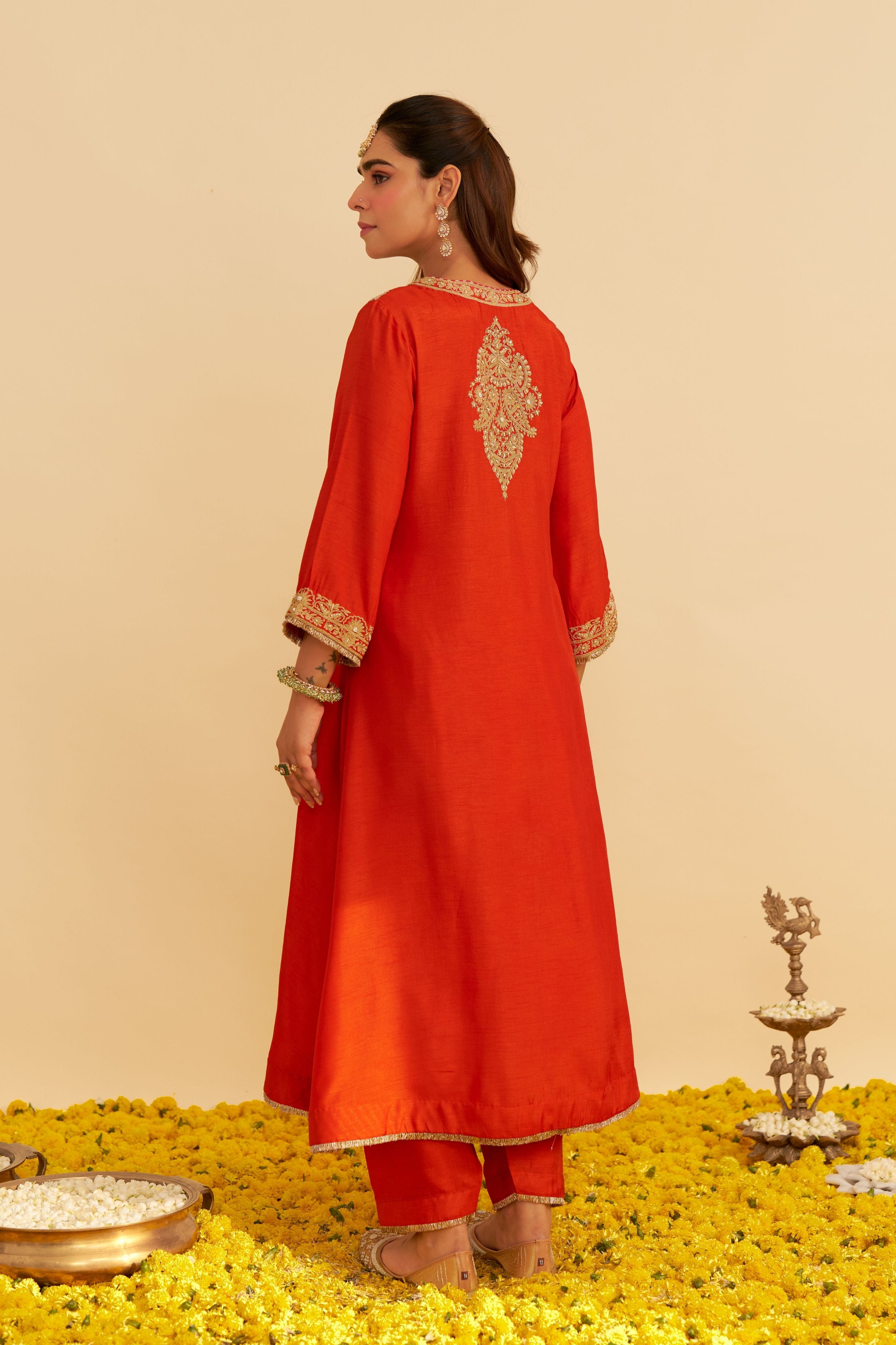 Hiba Orange Long Kaftan With Salwar And Dupatta