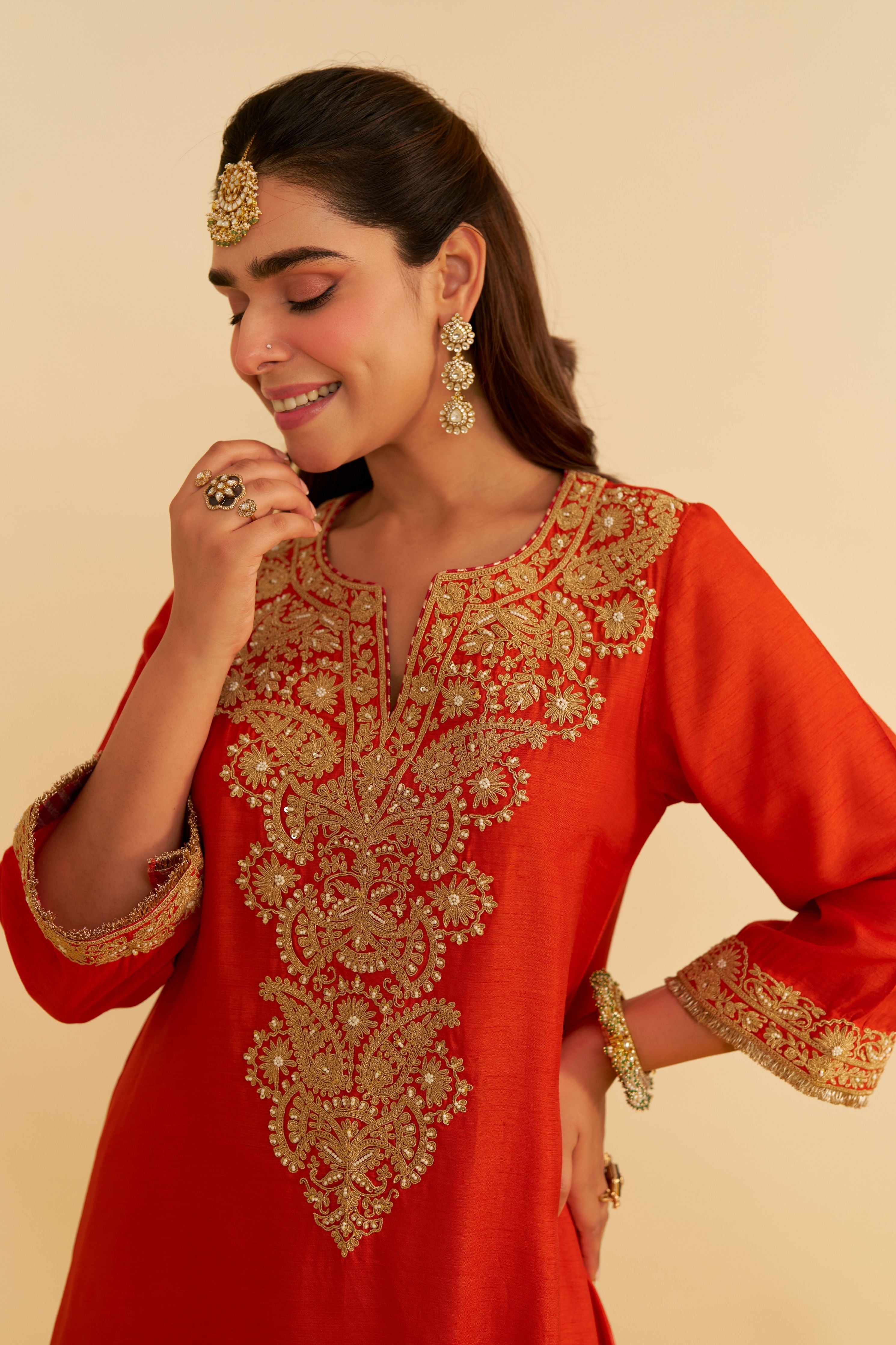 Hiba Orange Long Kaftan With Salwar And Dupatta