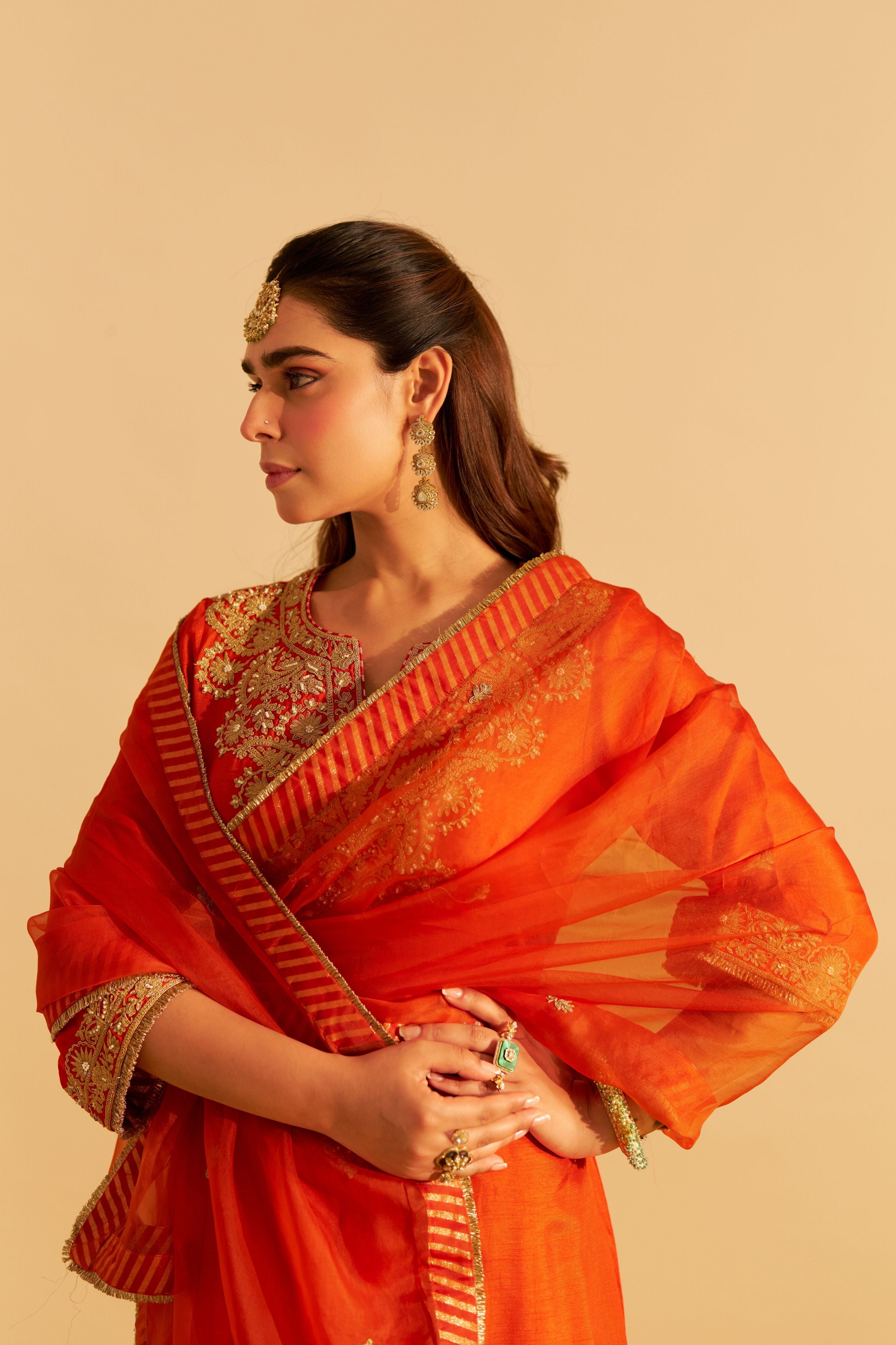 Hiba Orange Long Kaftan With Salwar And Dupatta