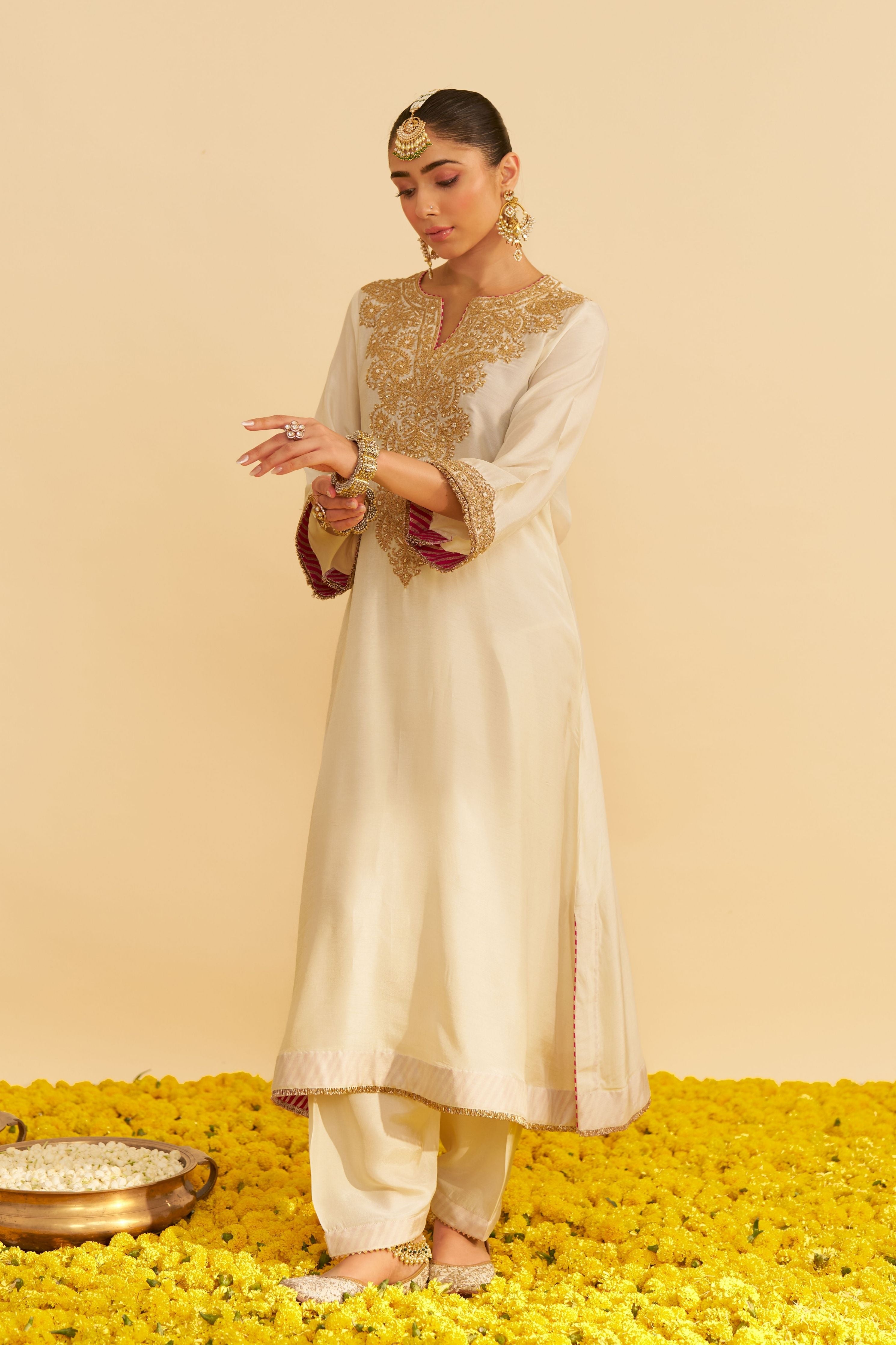 Hiba Ivory Long Kaftan With Salwar And Dupatta