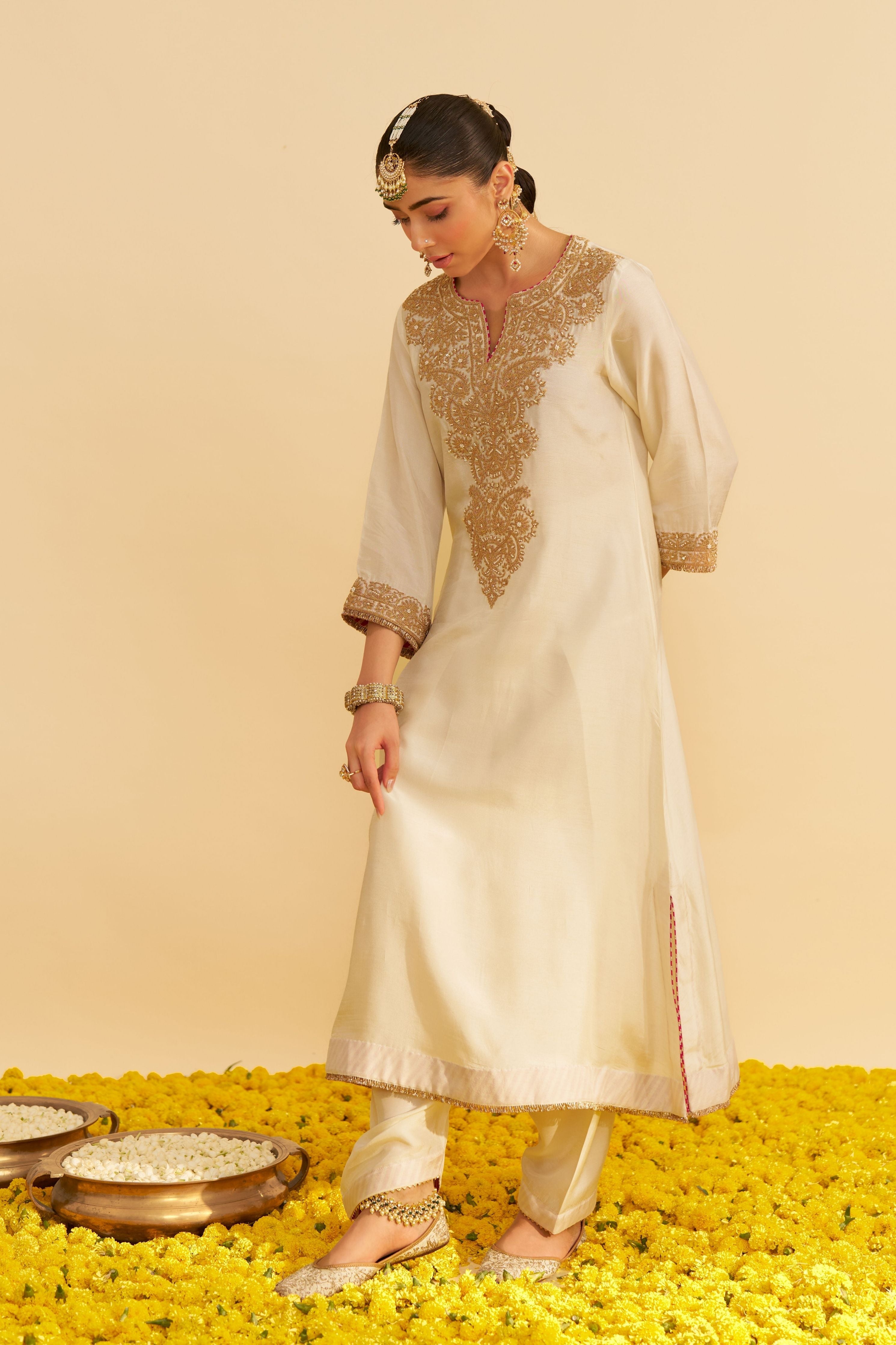 Hiba Ivory Long Kaftan With Salwar And Dupatta