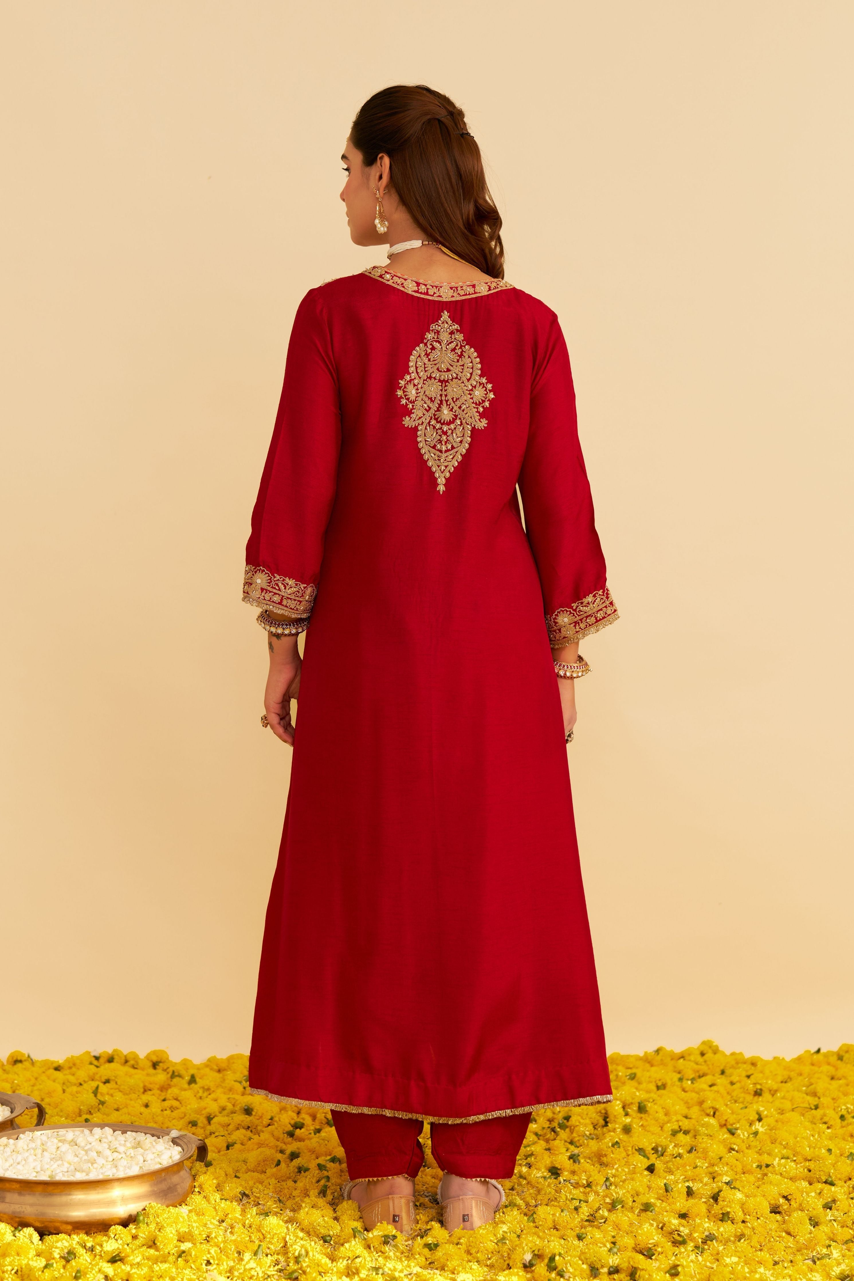 Hiba Red Long Kaftan With Salwar And Dupatta
