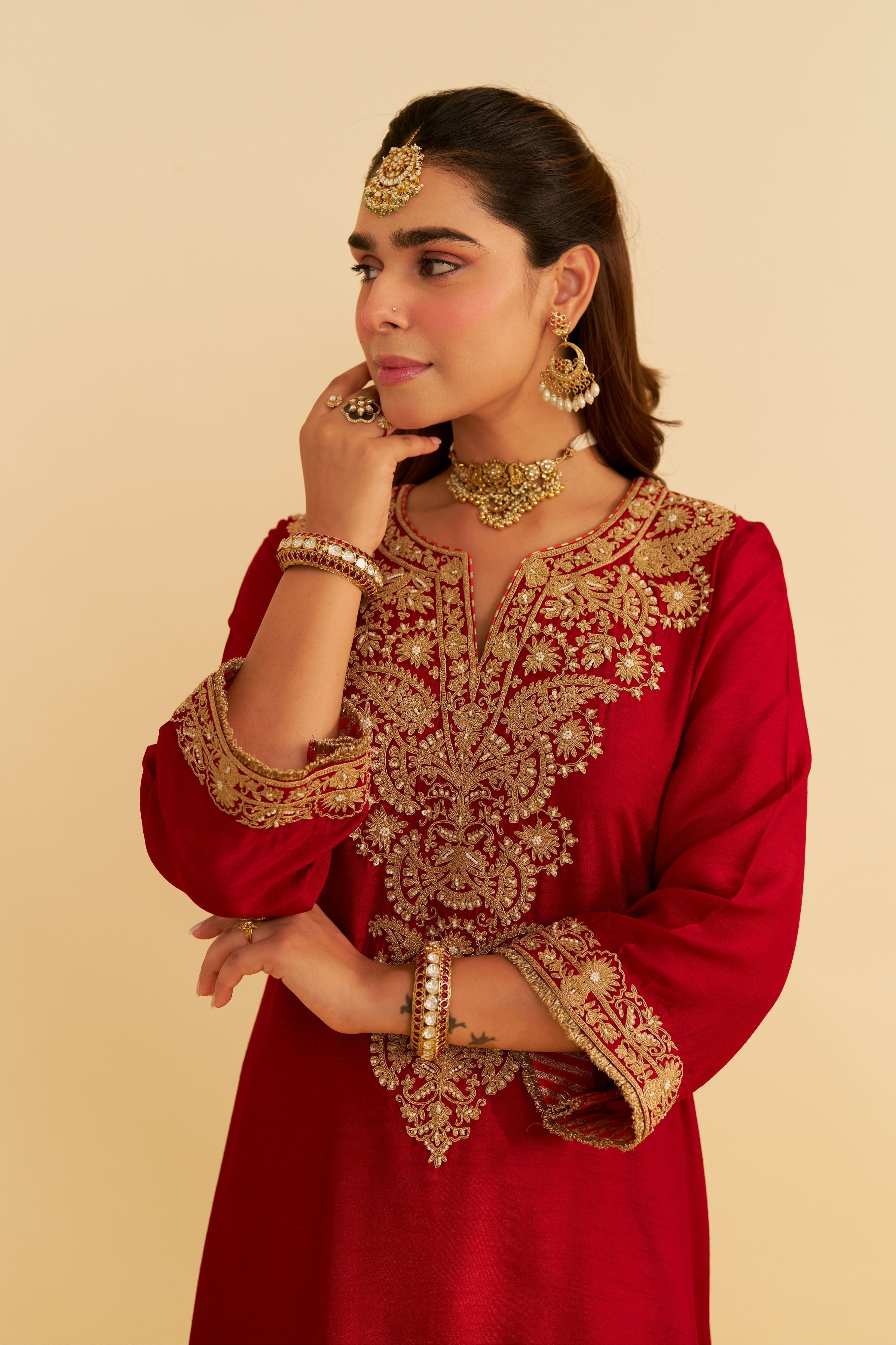 Hiba Red Long Kaftan With Salwar And Dupatta