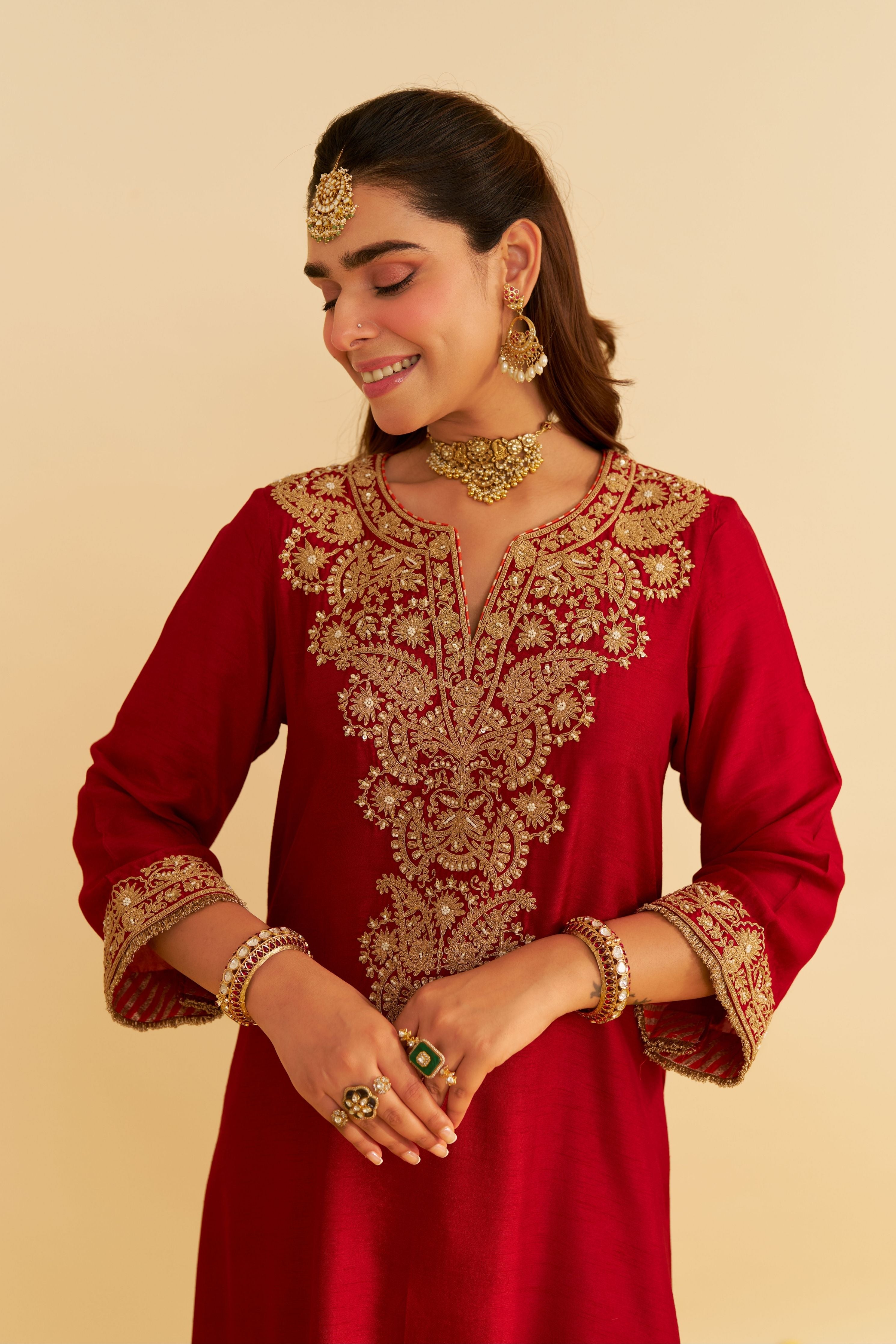 Hiba Red Long Kaftan With Salwar And Dupatta