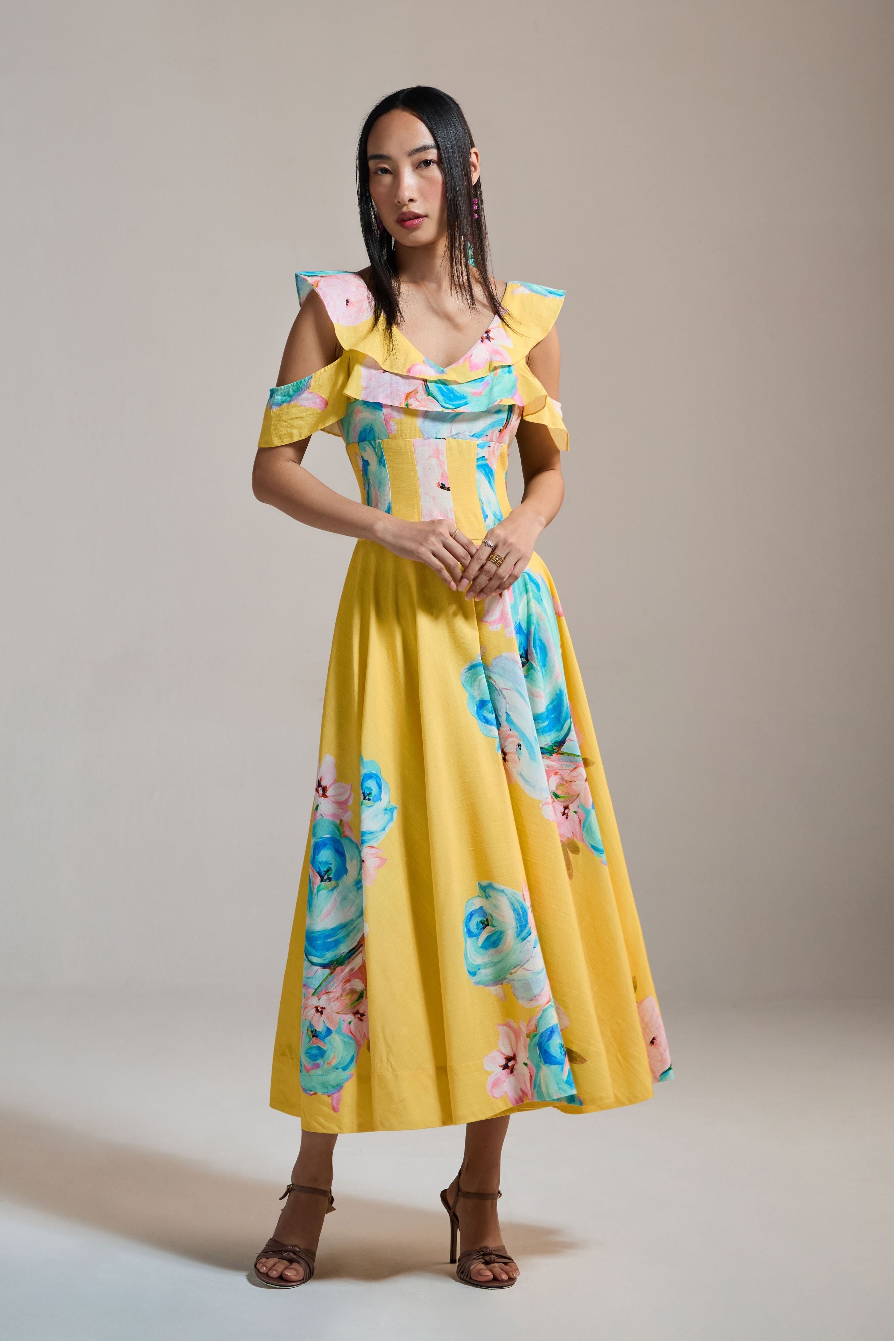 Sunburst Floral Cold-Shoulder Dress