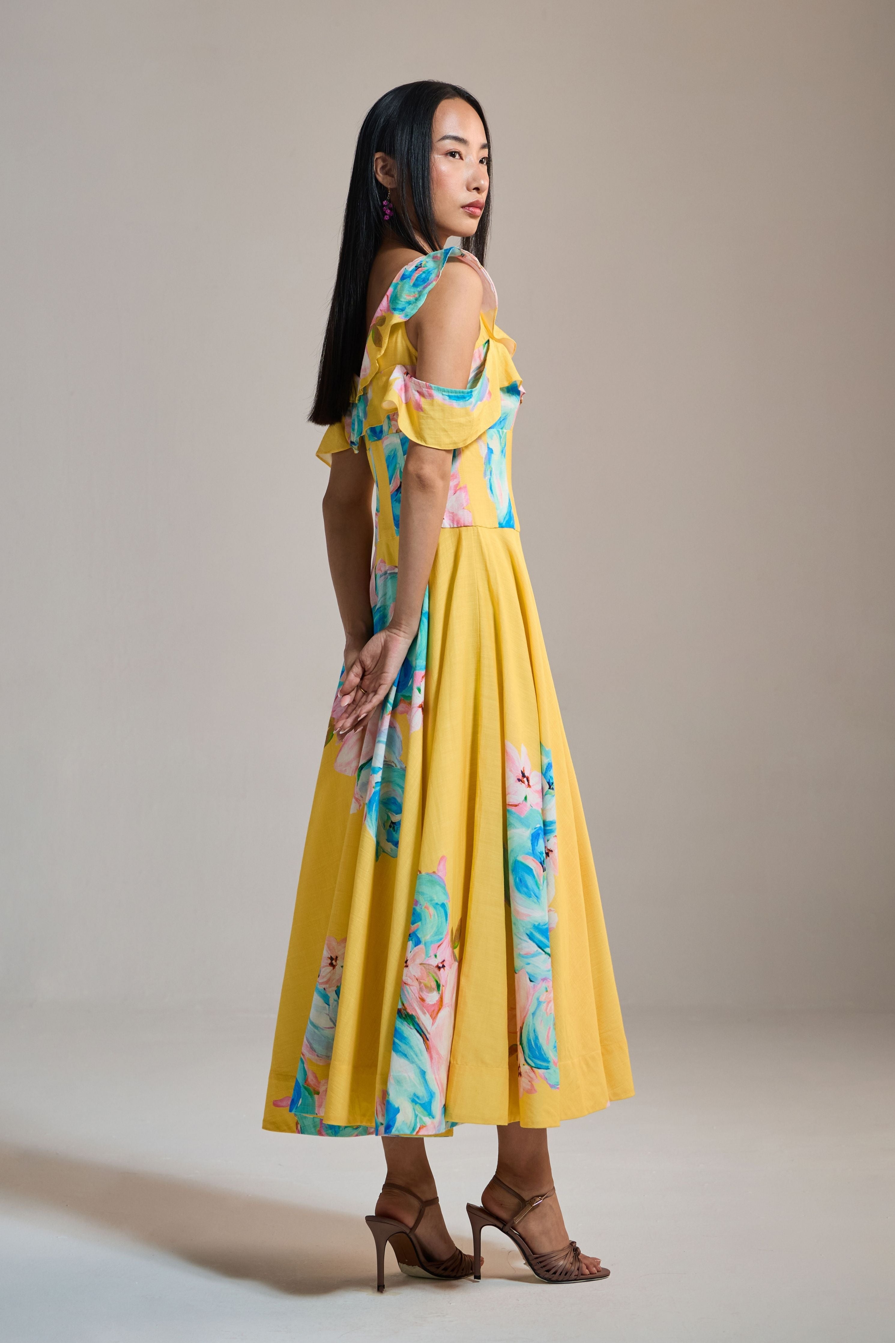 Sunburst Floral Cold-Shoulder Dress