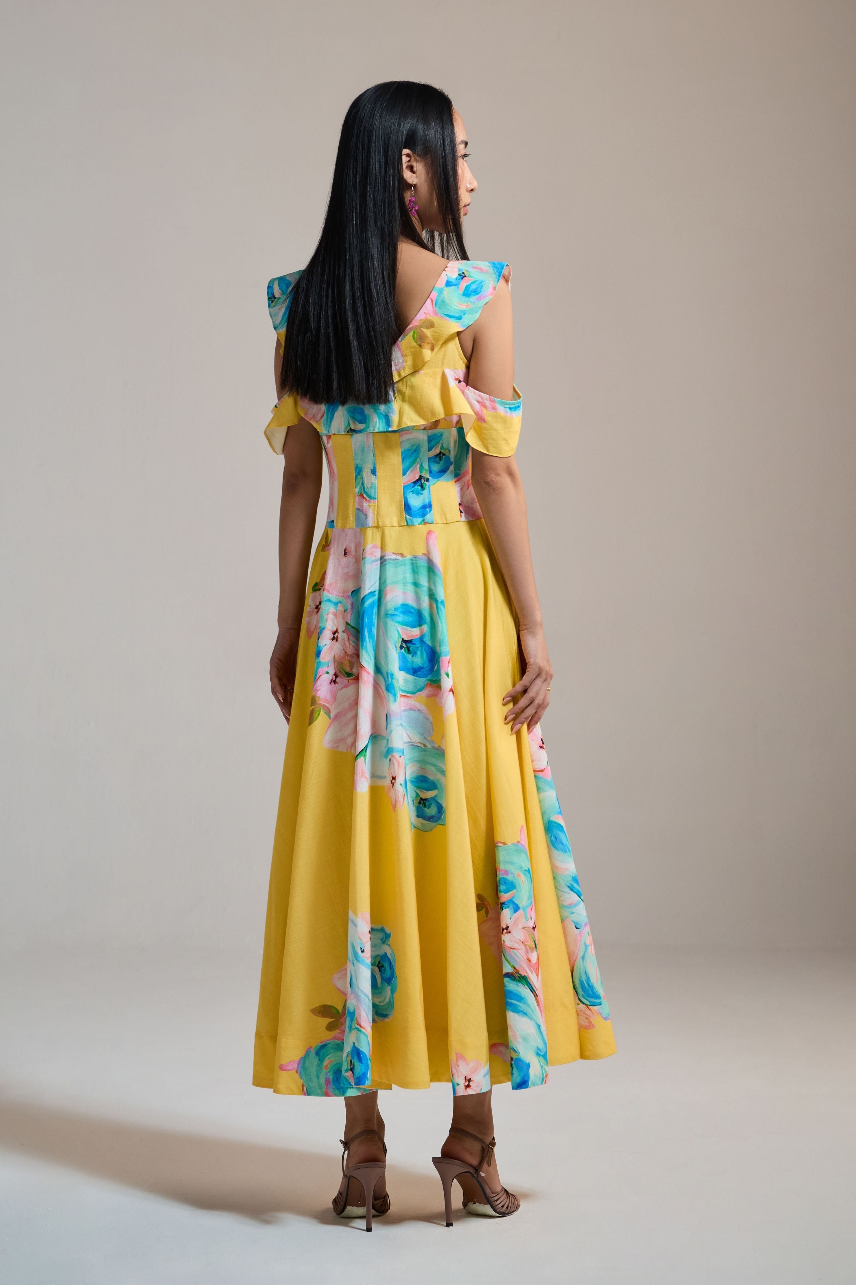 Sunburst Floral Cold-Shoulder Dress