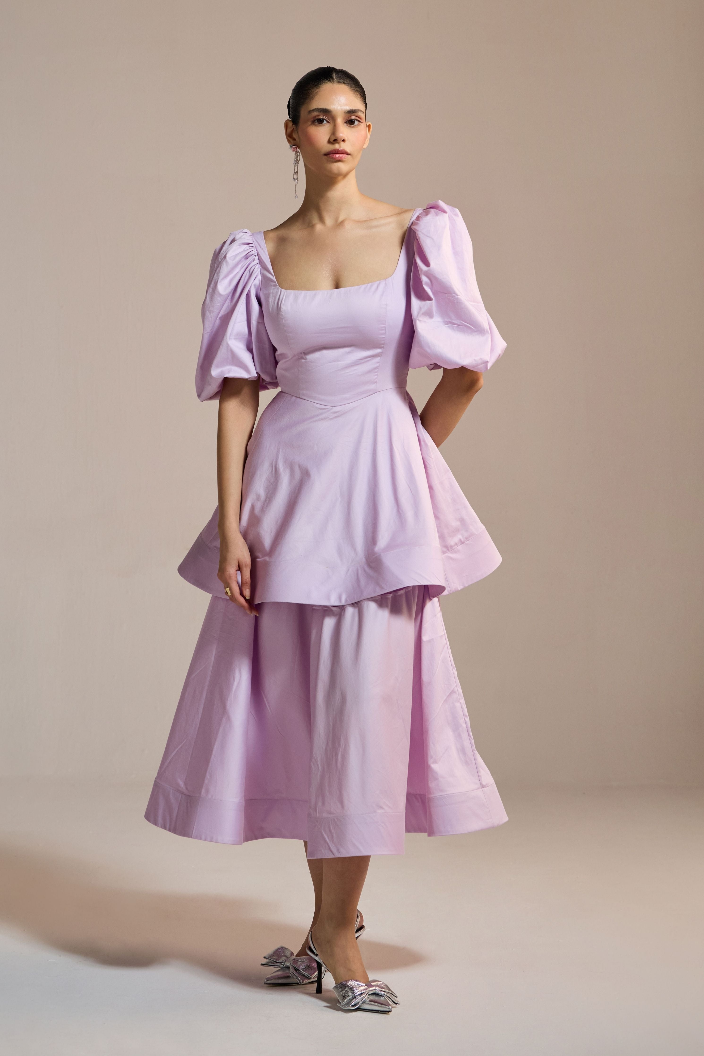 Lilac Peplum Puff-Sleeve Dress