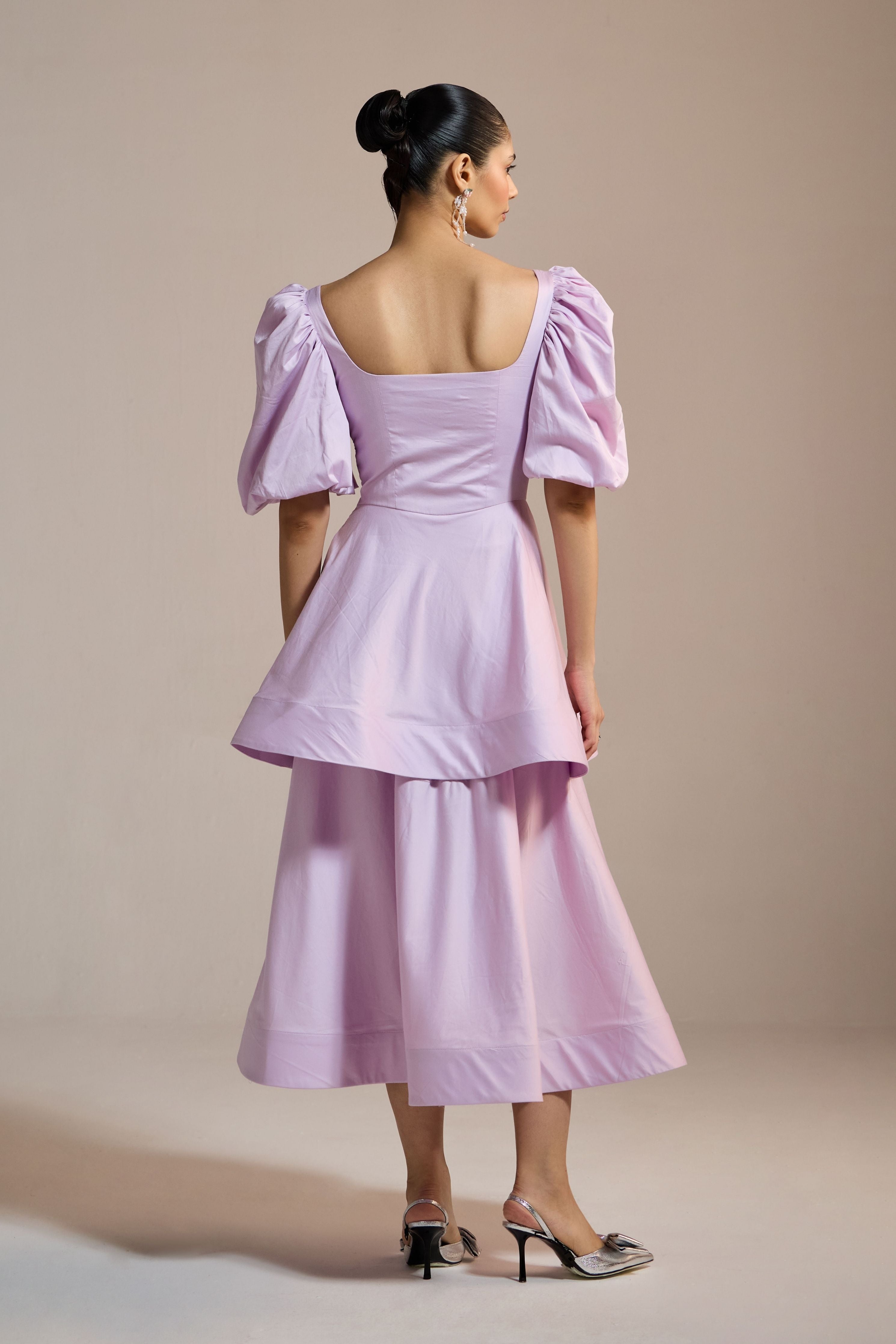 Lilac Peplum Puff-Sleeve Dress