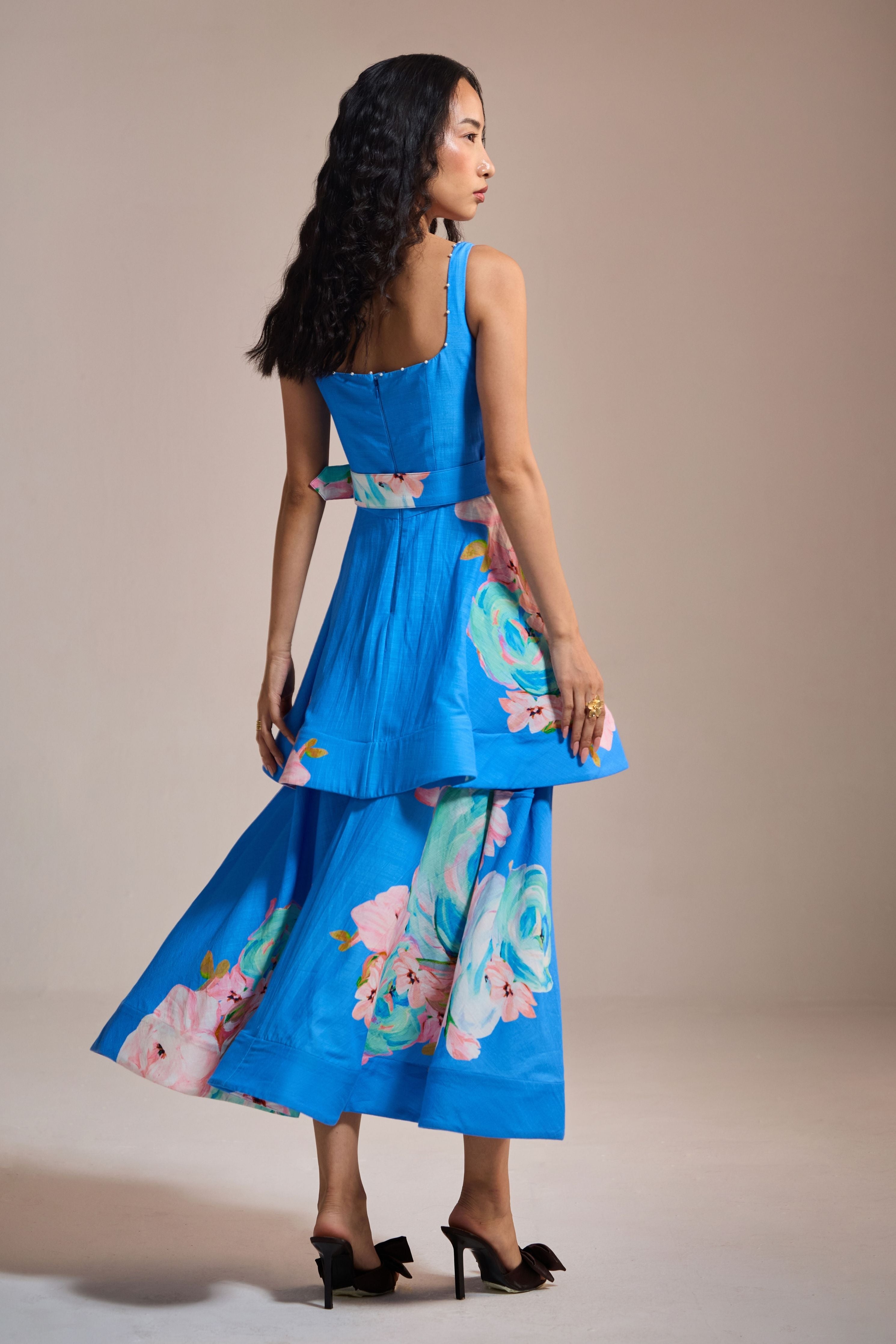 Blue Floral Belted Asymmetrical Dress