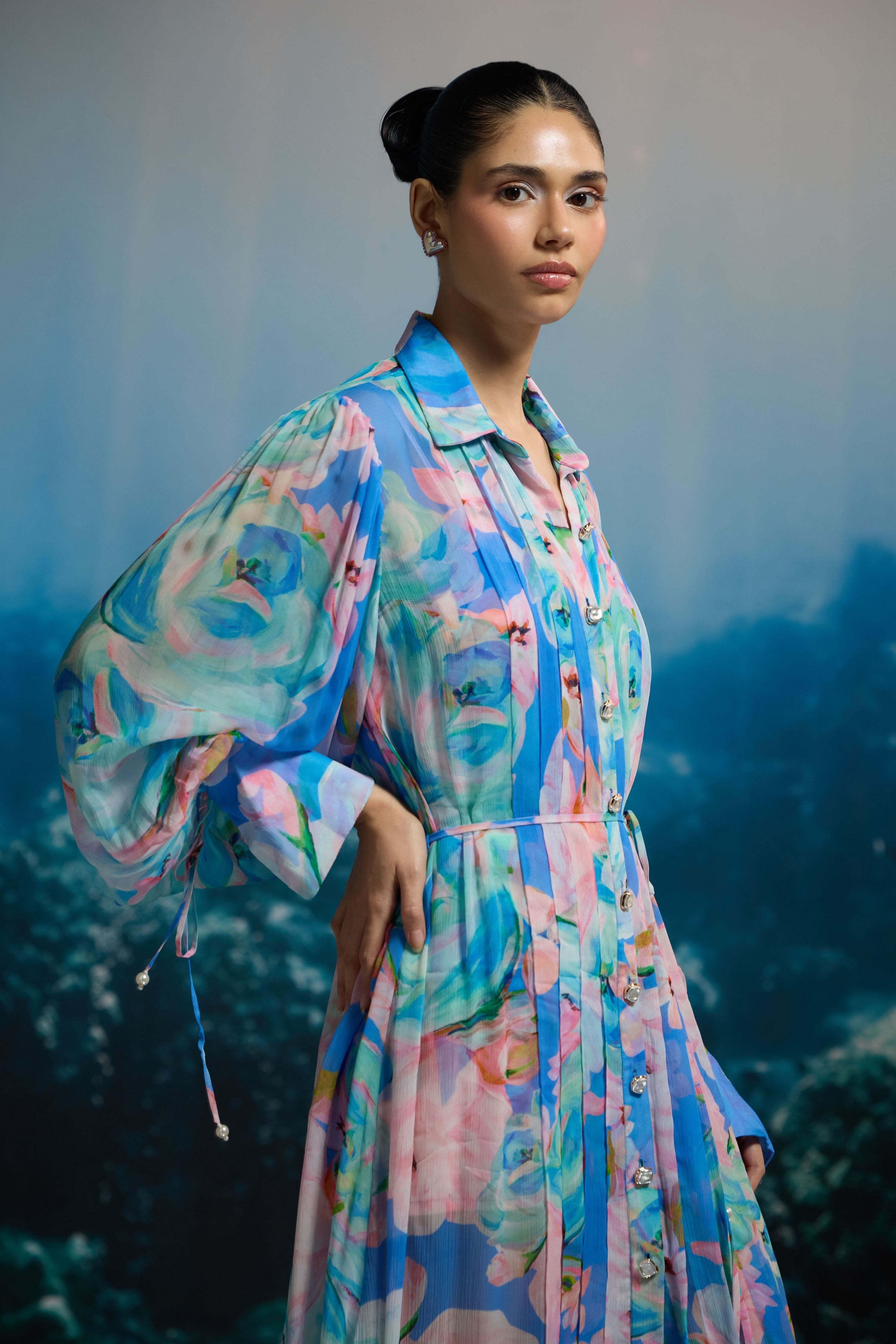 Ocean Bloom Maxi Shirt Dress