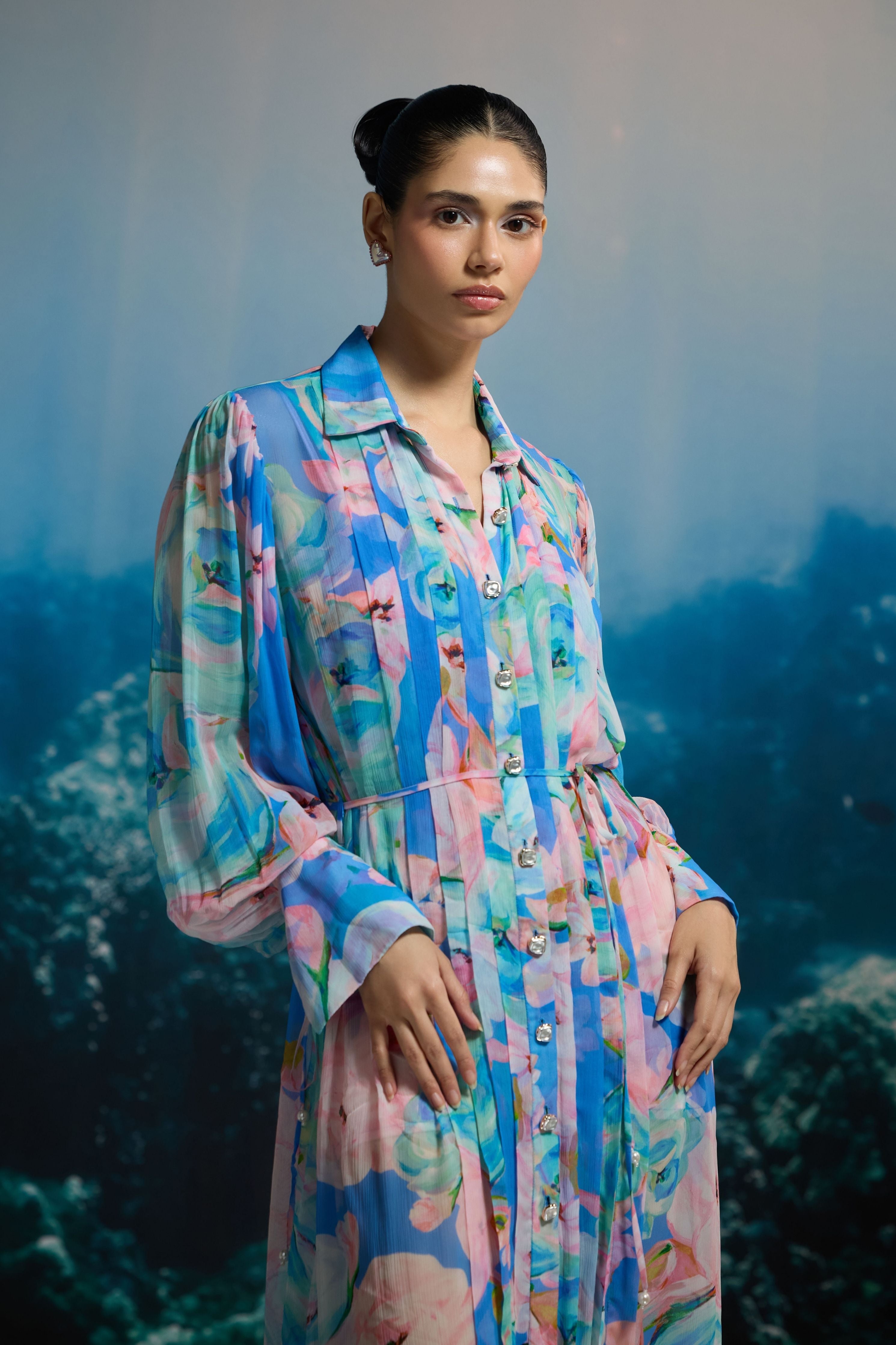 Ocean Bloom Maxi Shirt Dress