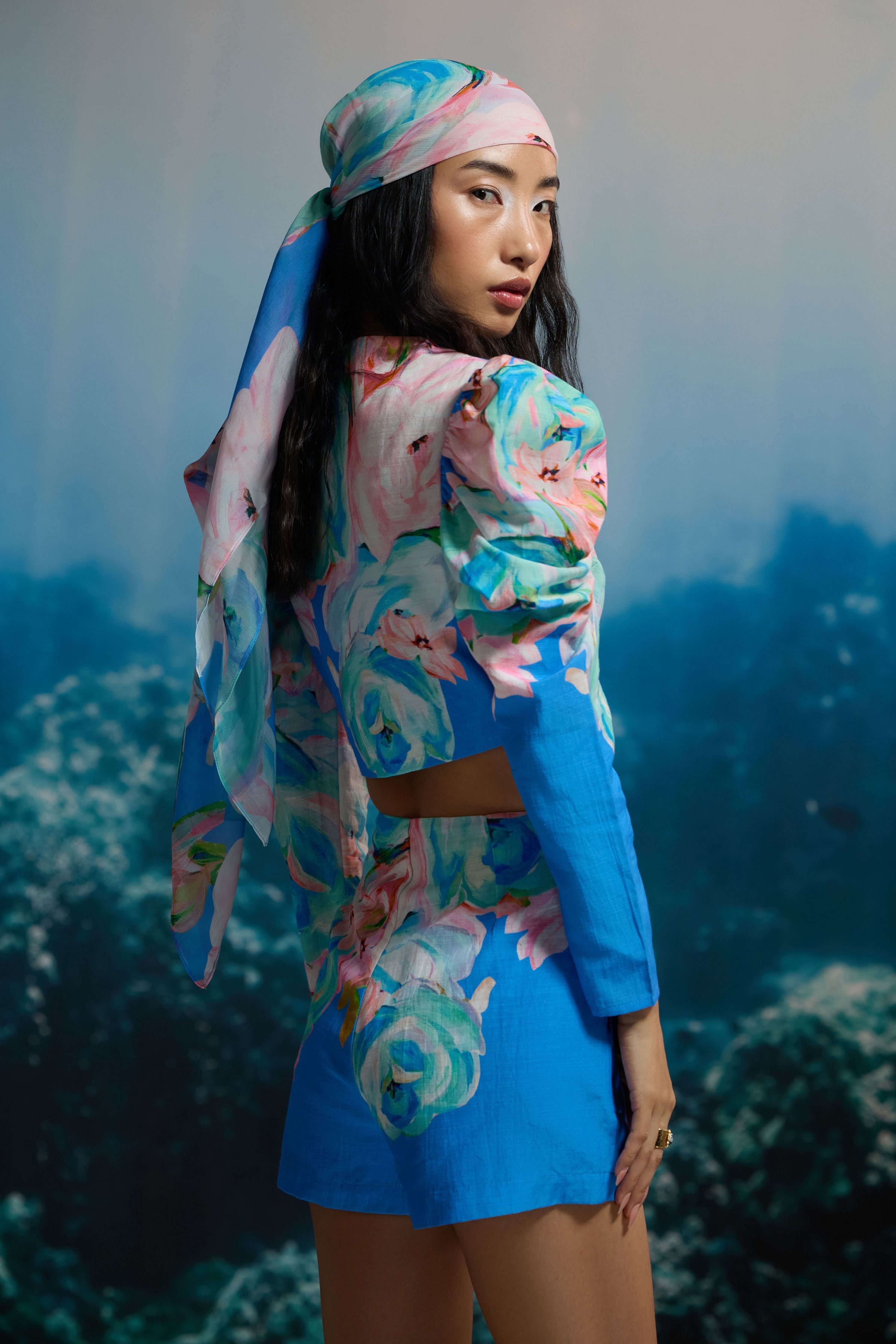 Ocean Bloom Puff-Sleeve Crop Top