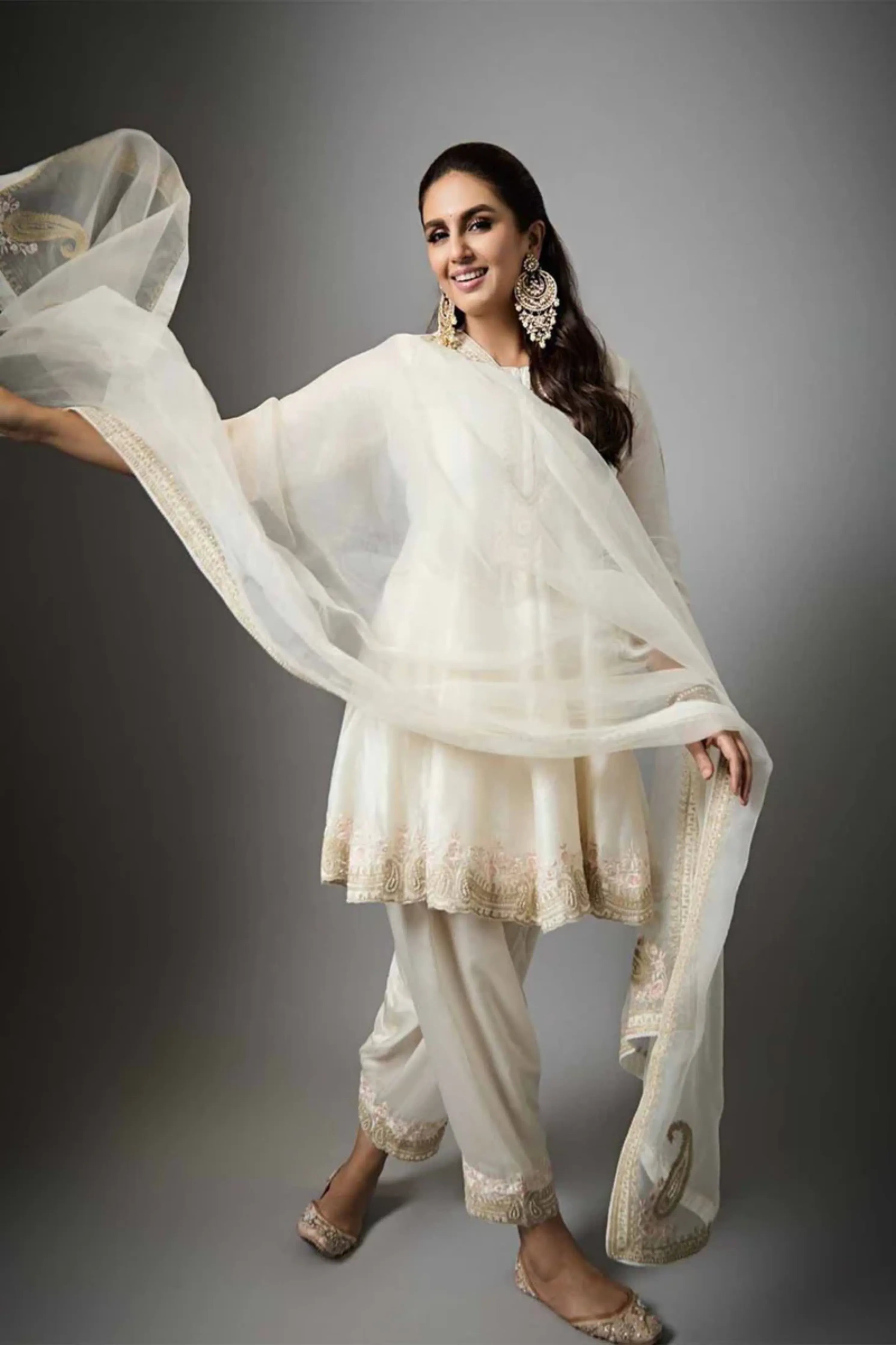 Huma Qureshi In Faria - Daisy Ivory Short Anarkali With Chooridaar And Dupatta