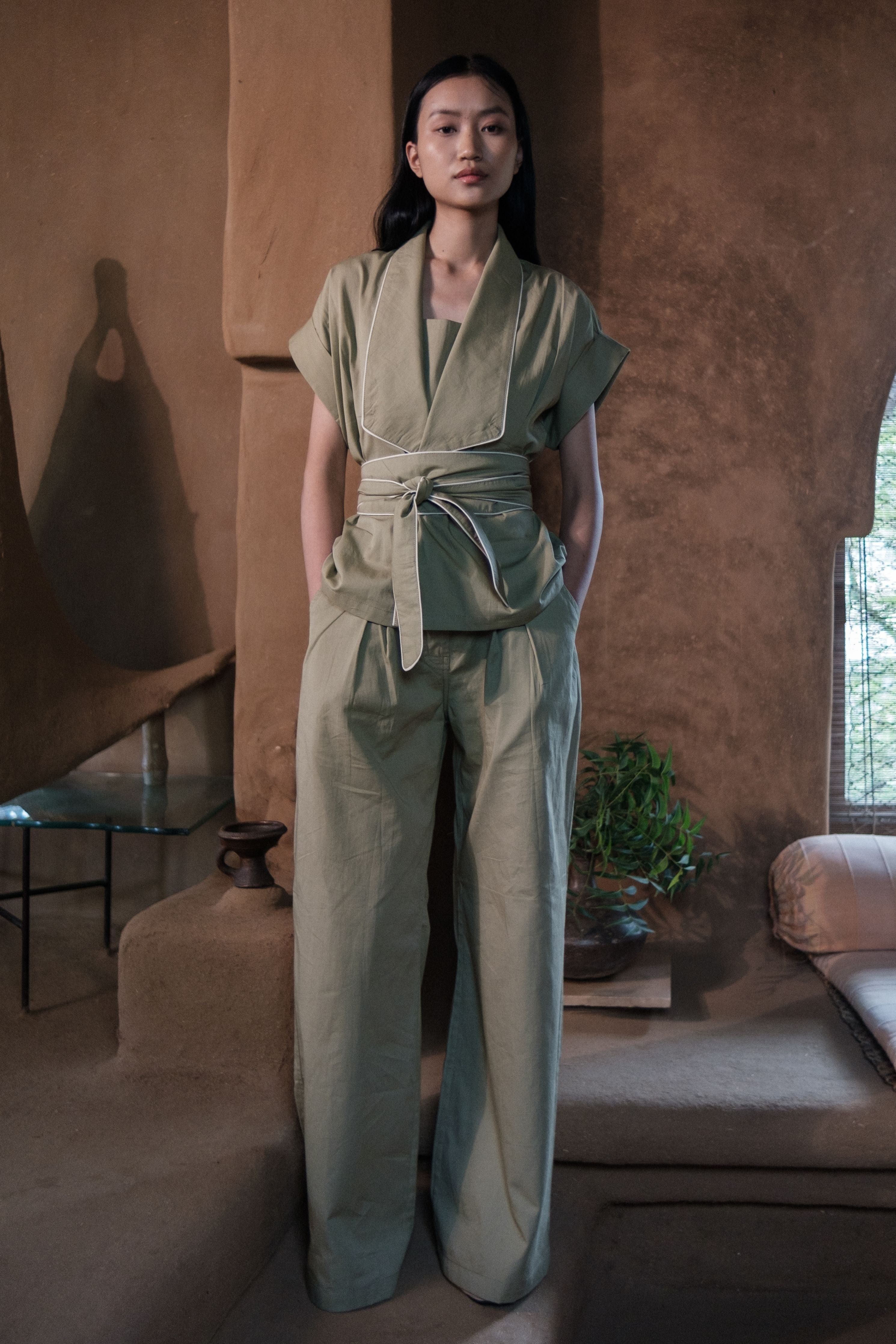 Khaki Berlin Shawl collar Top