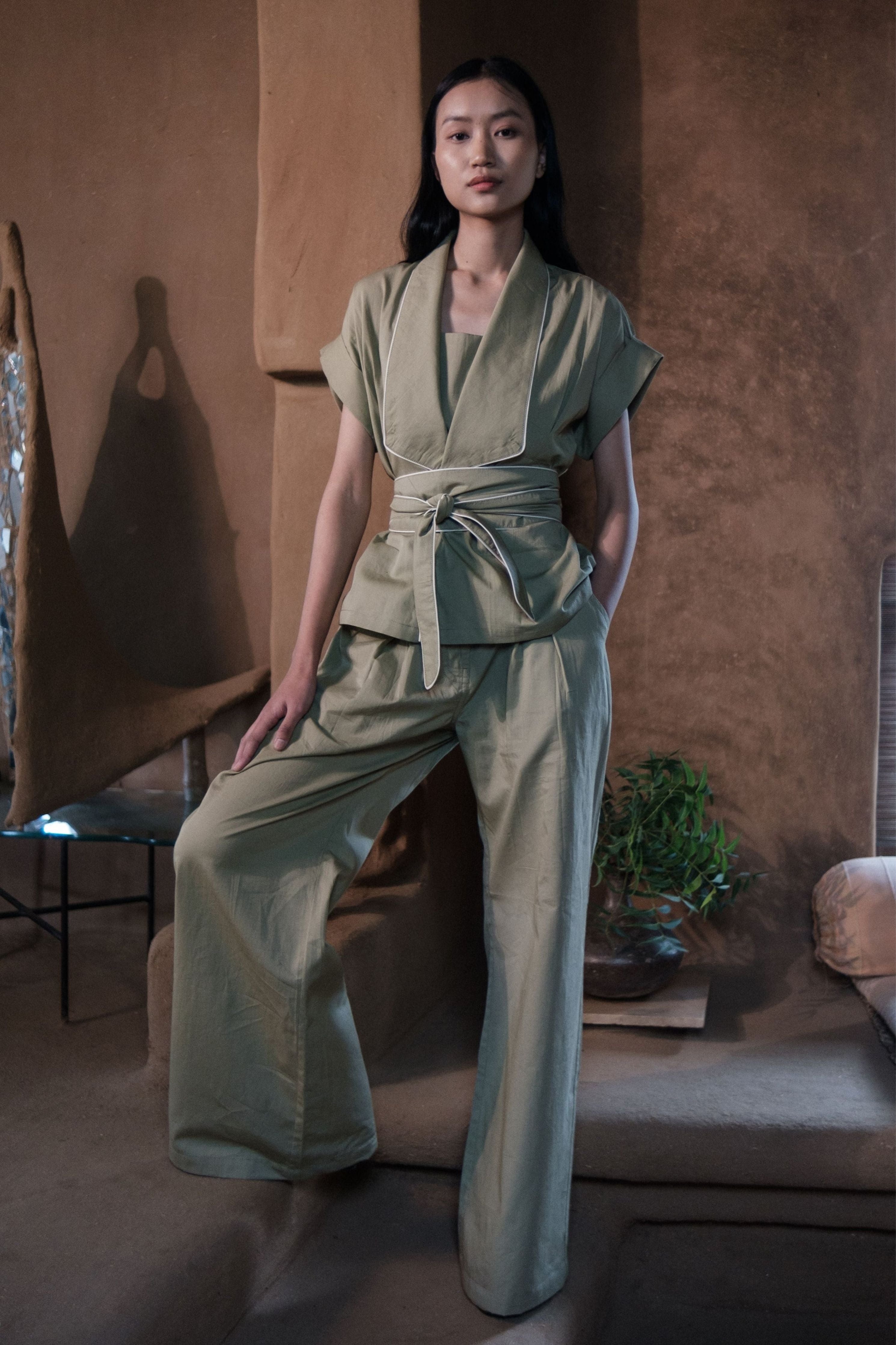 Khaki Berlin Shawl collar Top