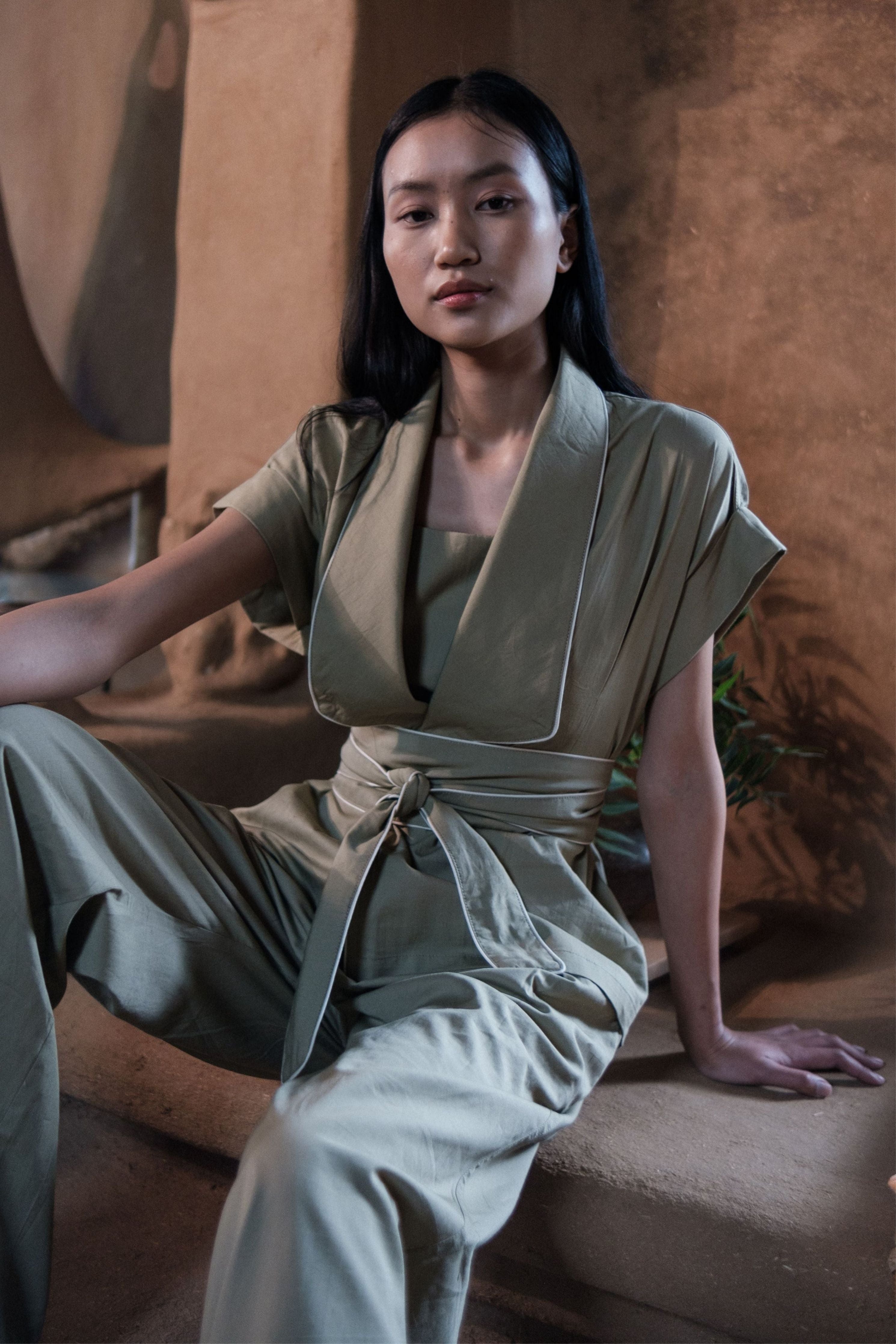 Khaki Berlin Shawl collar Top