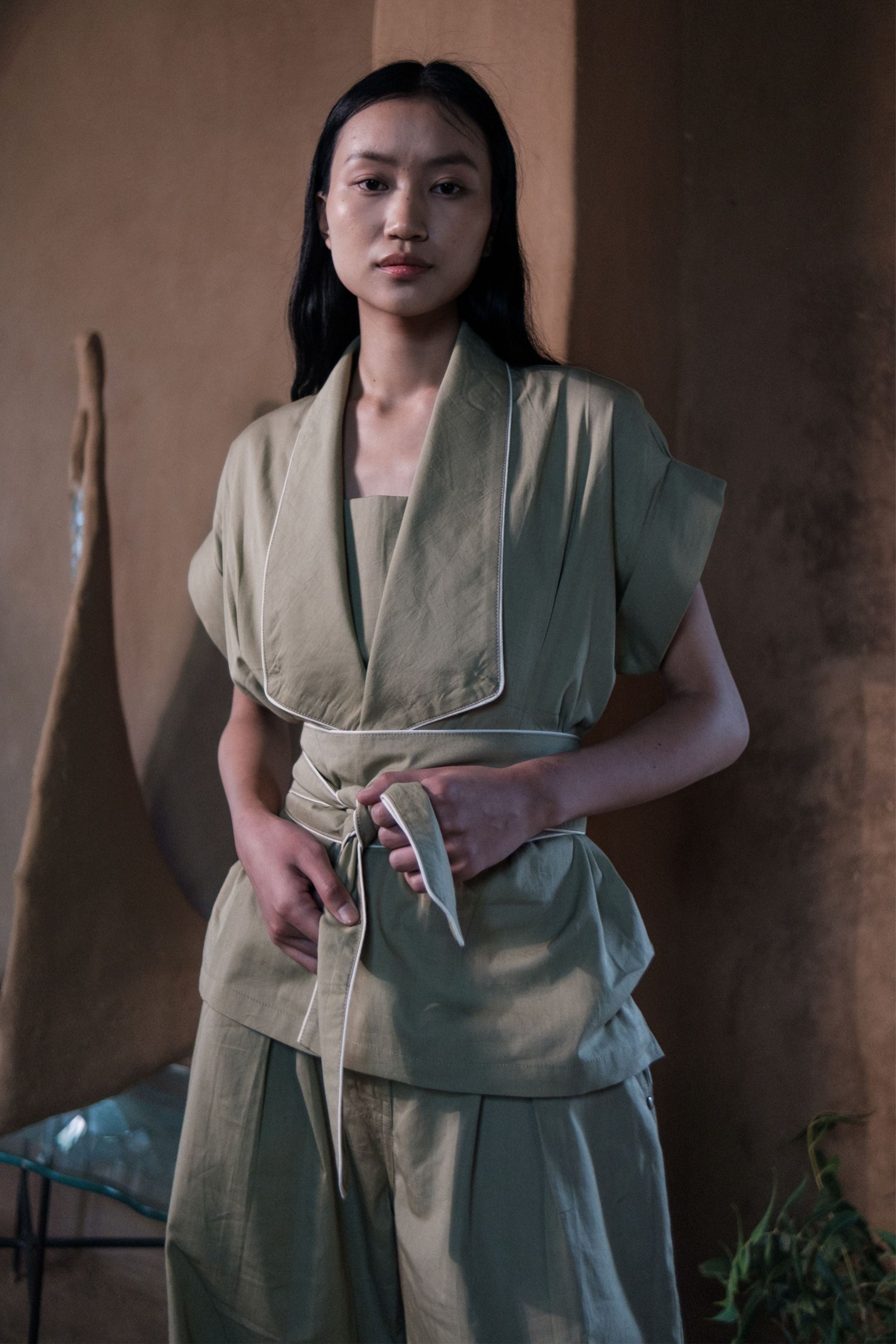 Khaki Berlin Shawl collar Top