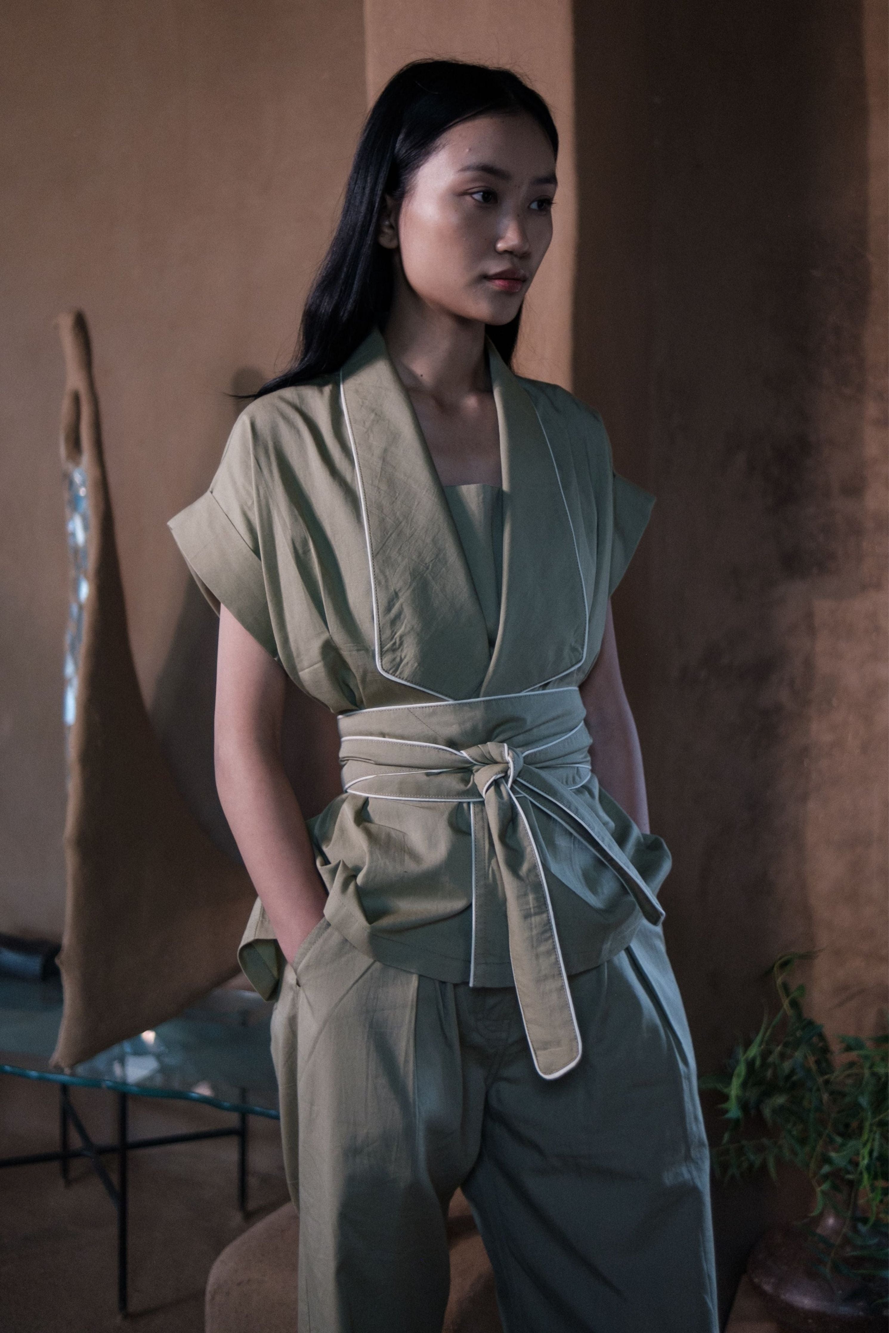 Khaki Berlin Shawl collar Top