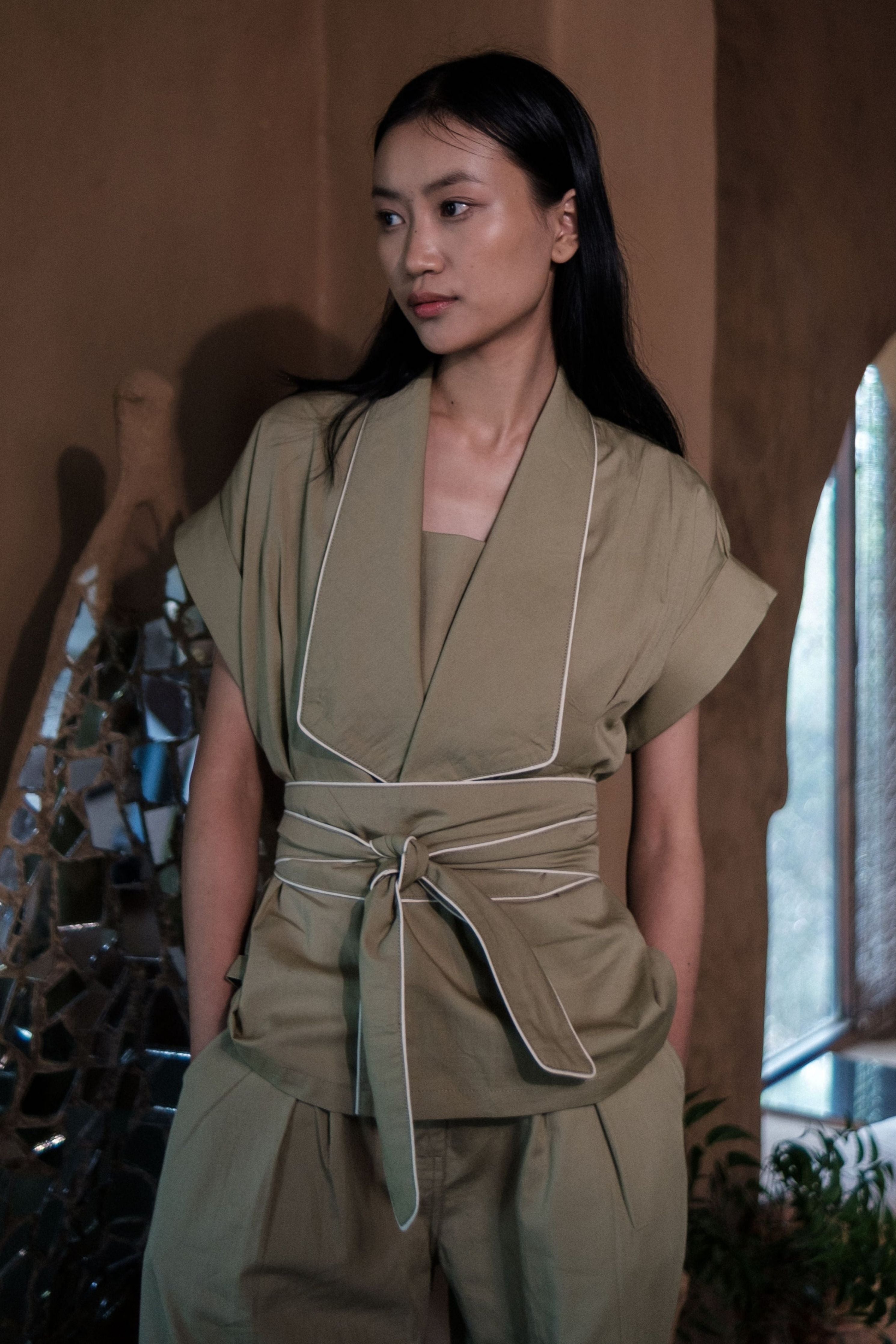 Khaki Berlin Shawl collar Top