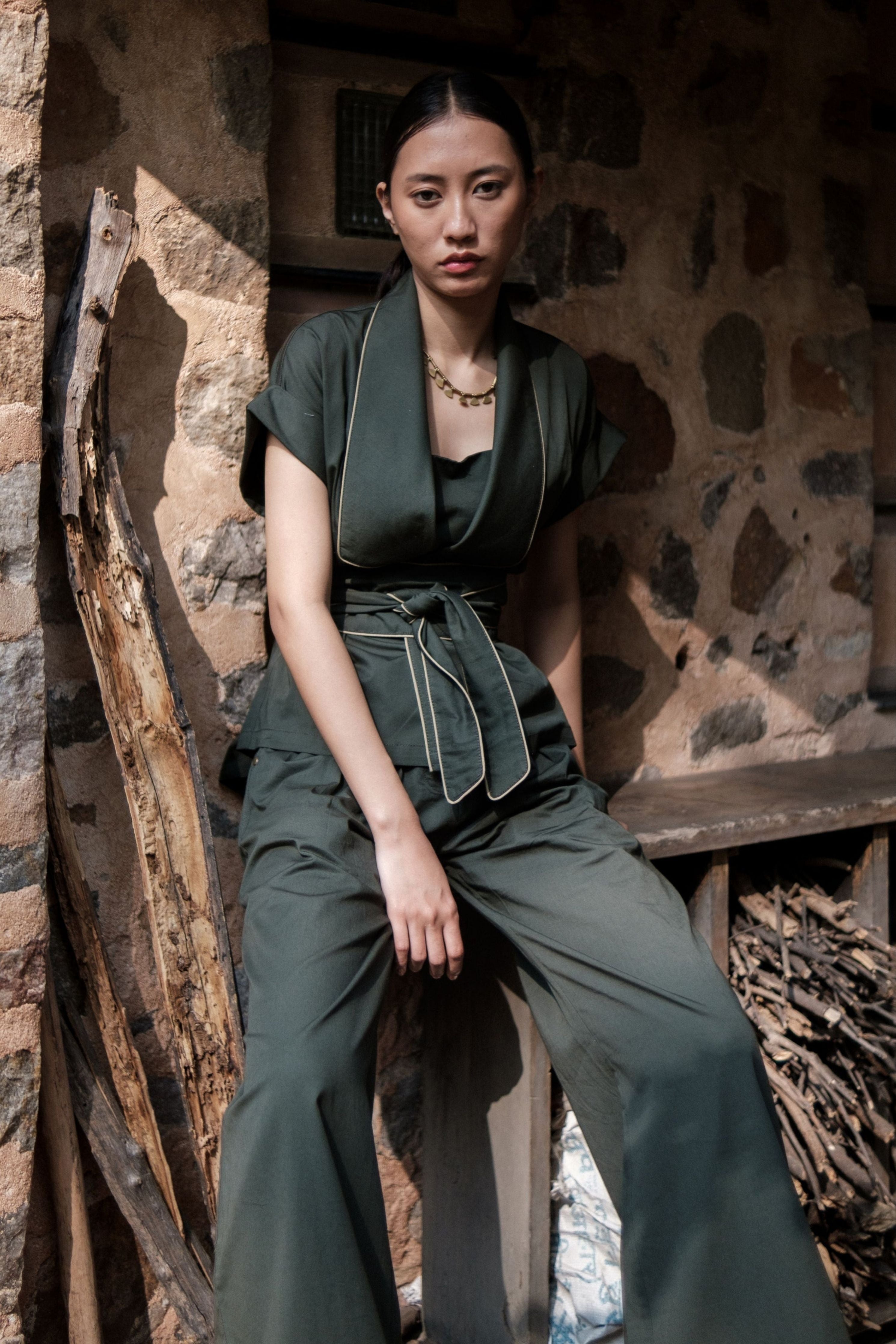 Deep Green Berlin Shawl collar Top