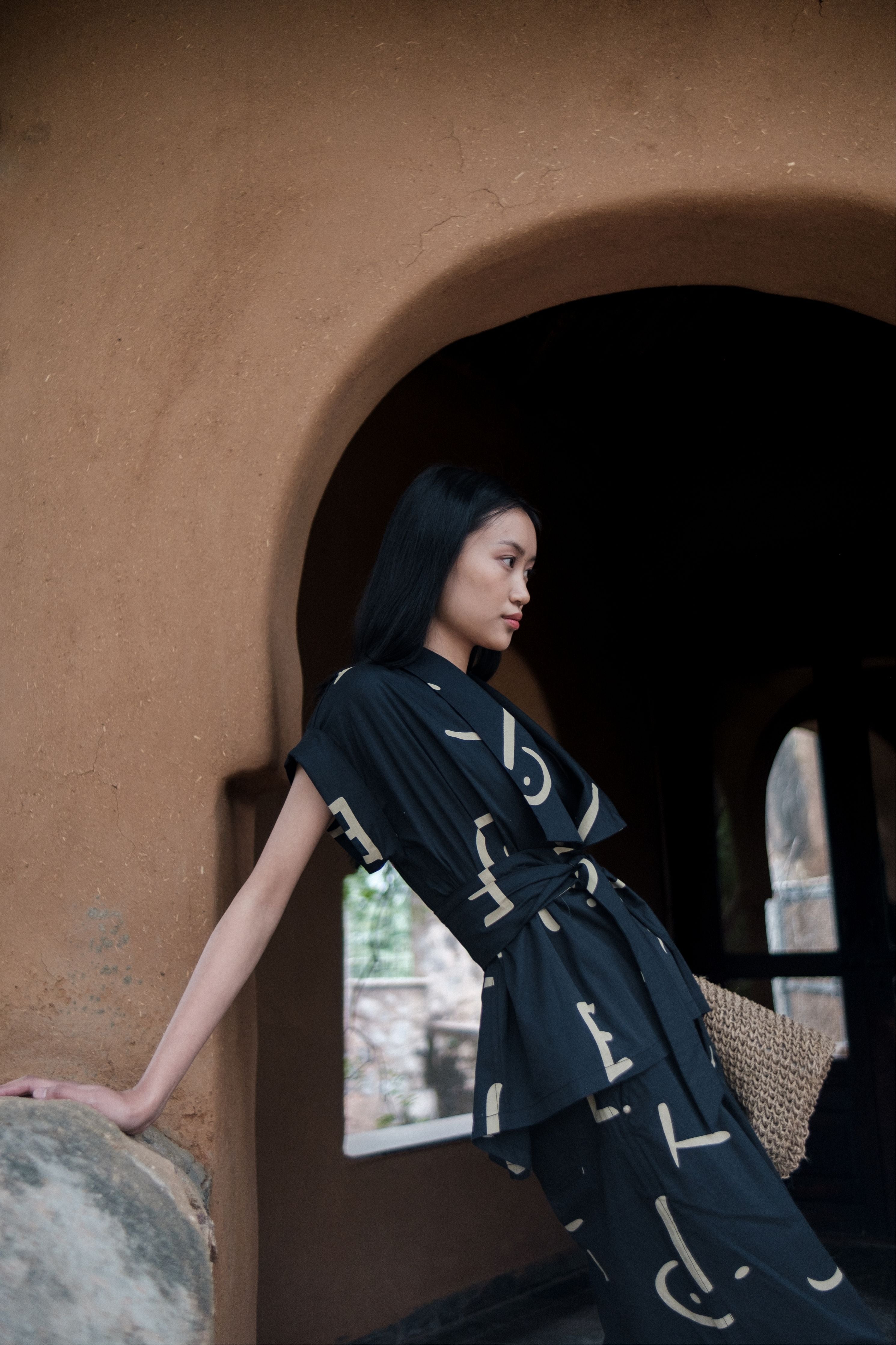 Black Line Printed Berlin Shawl collar Top