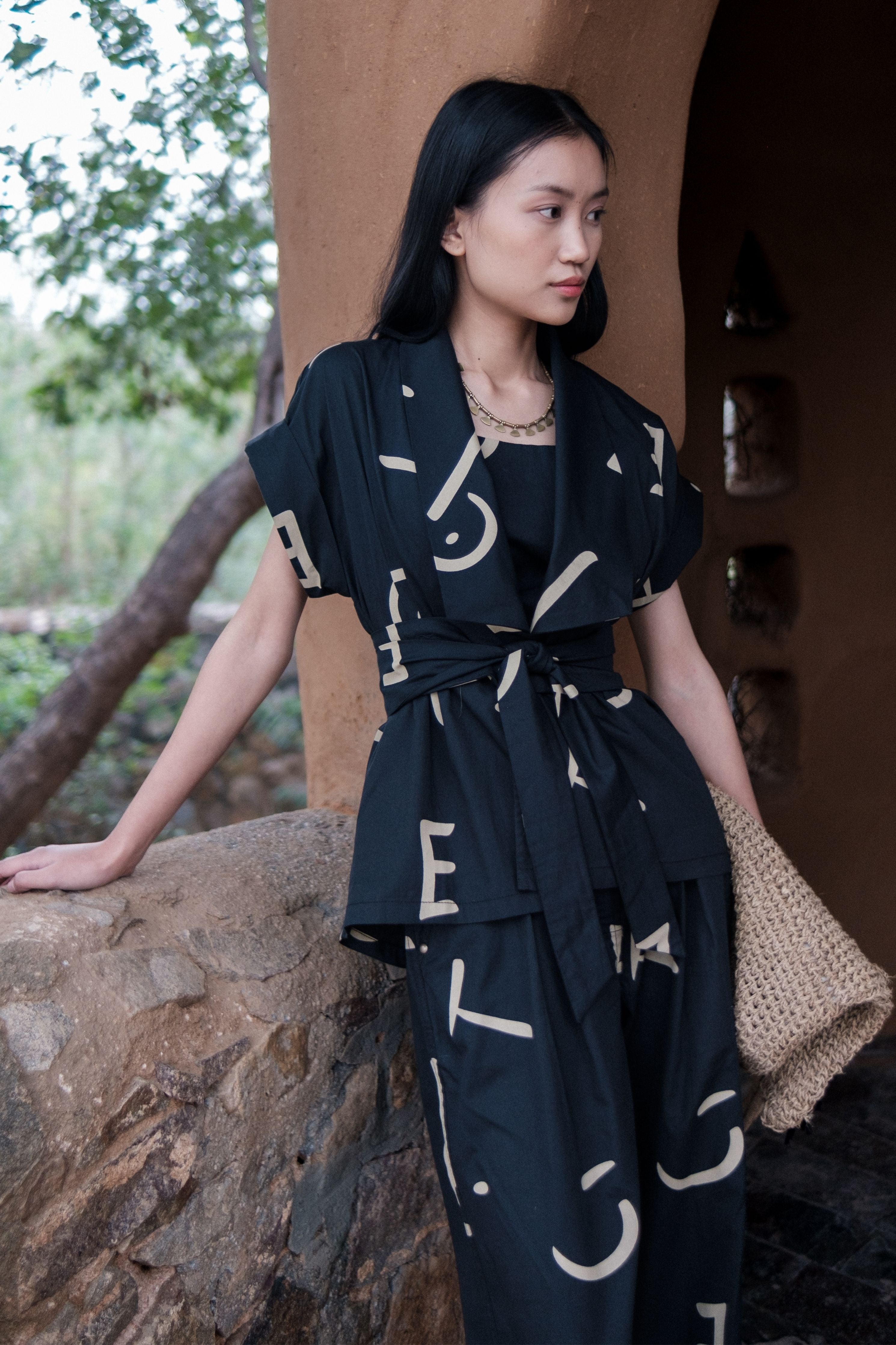 Black Line Printed Berlin Shawl collar Top